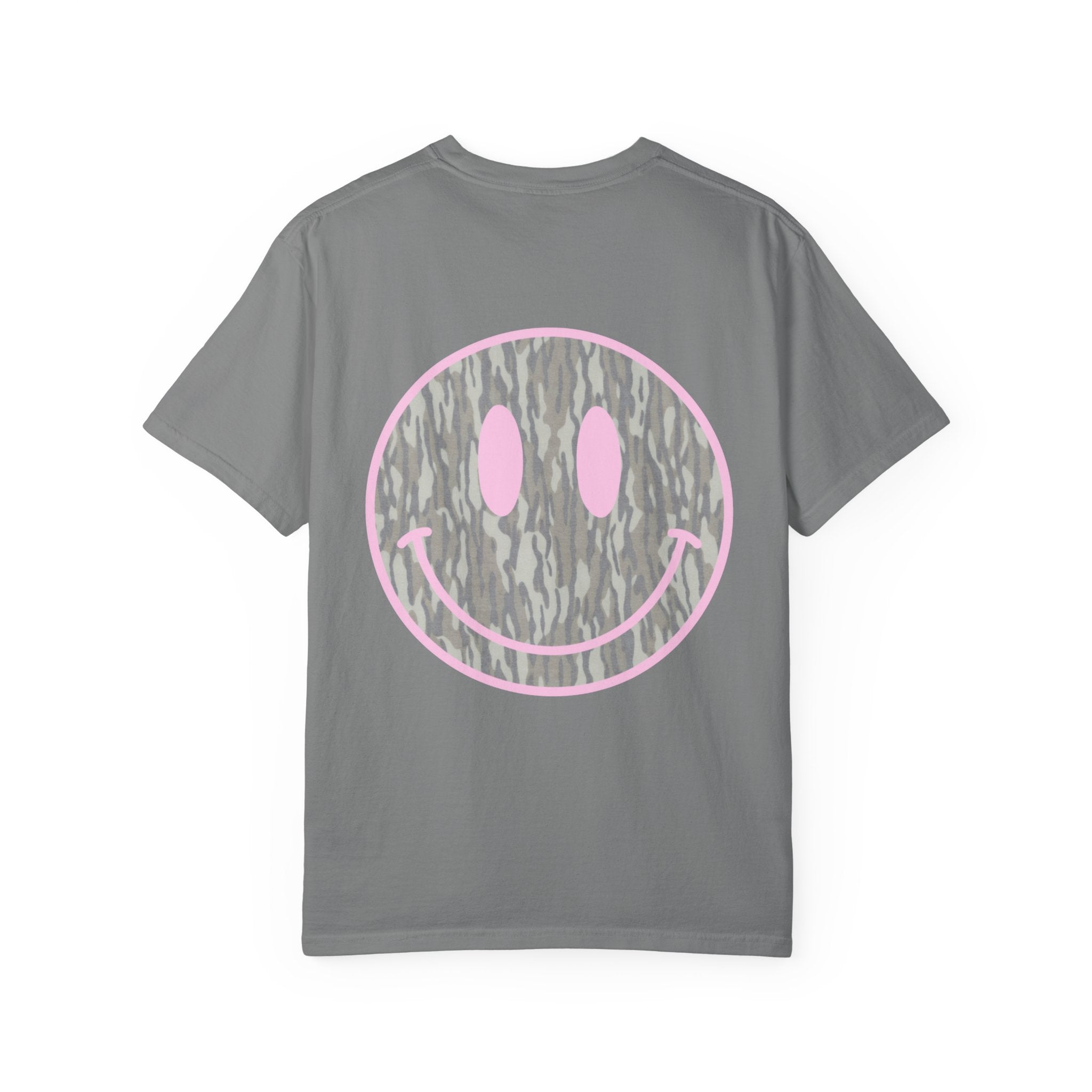 Smiley Camo T-Shirt — Pink Outline Woodland Smile Graphic Tee