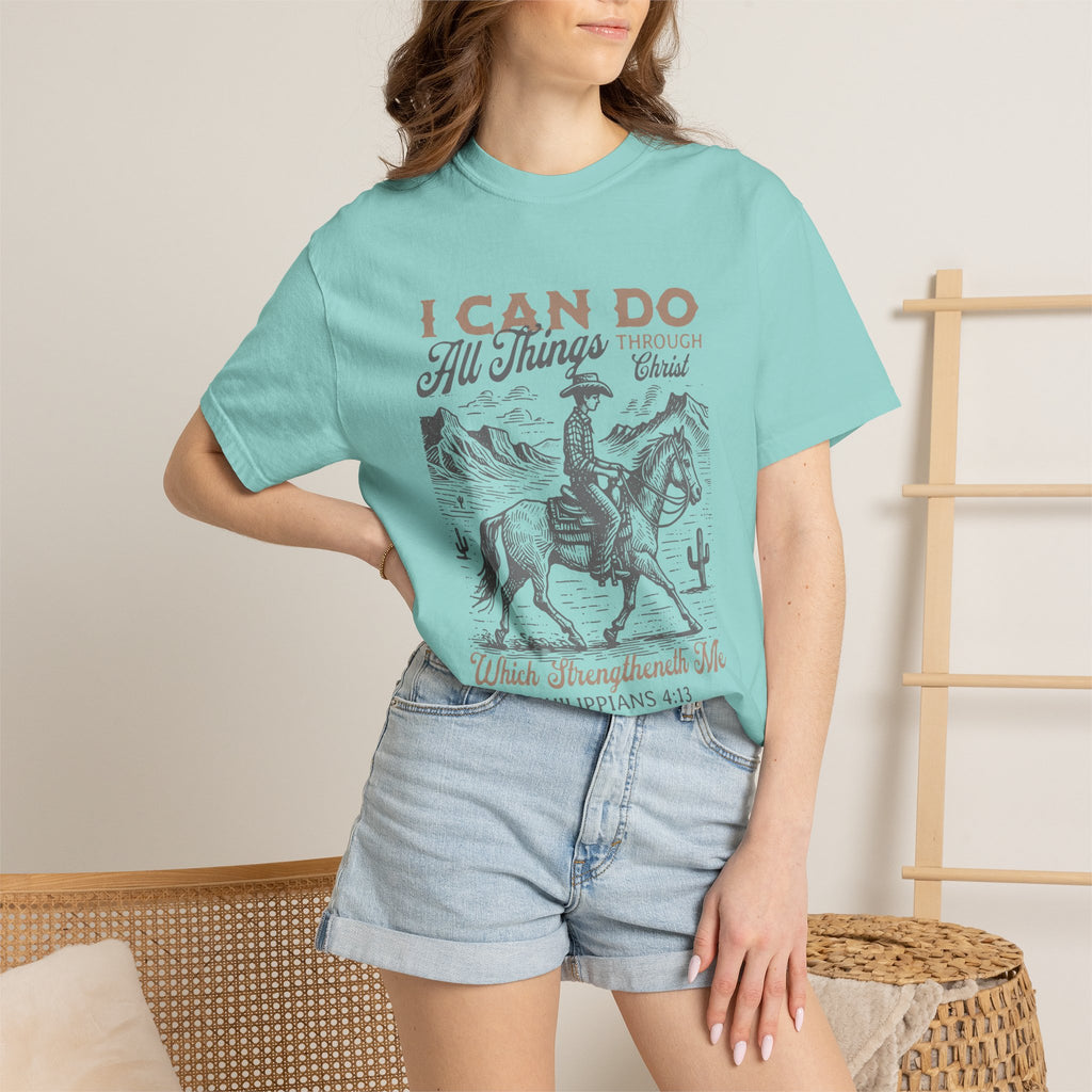 Faith Cowboy T-Shirt — "I Can Do All Things" Philippians 4:13 Christian Tee