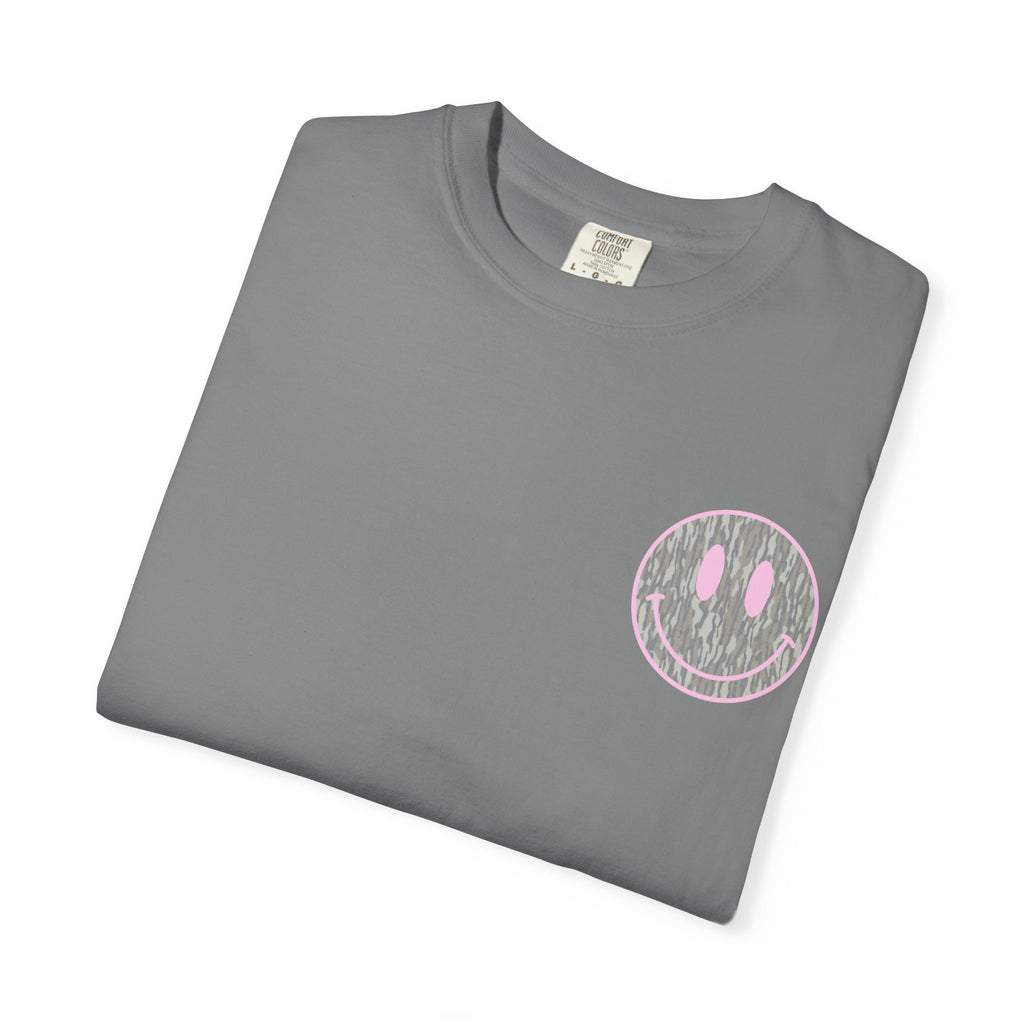 Smiley Camo T-Shirt — Pink Outline Woodland Smile Graphic Tee