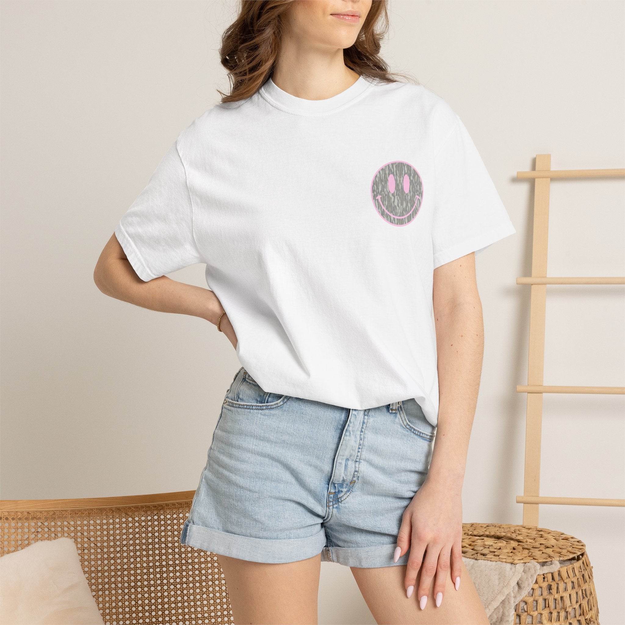 Smiley Camo T-Shirt — Pink Outline Woodland Smile Graphic Tee