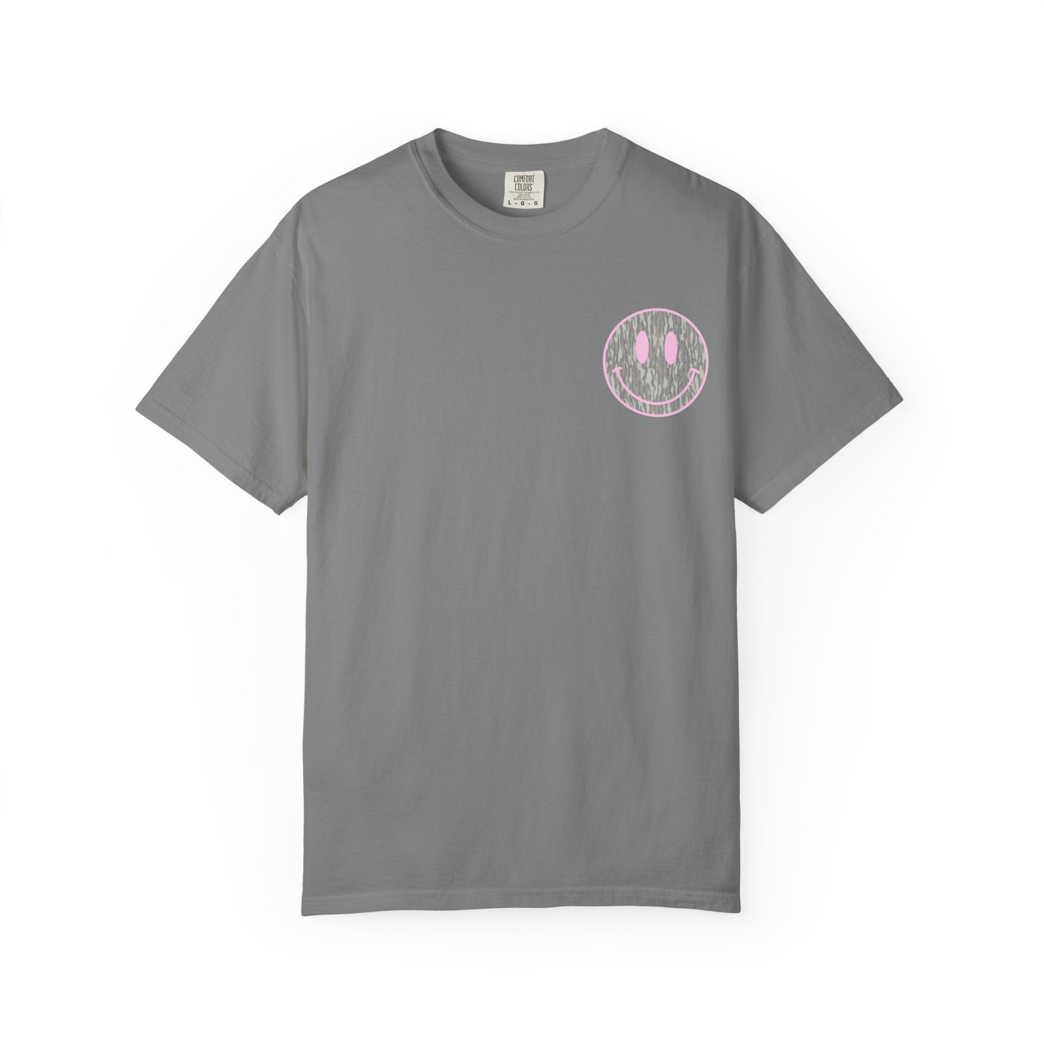 Smiley Camo T-Shirt — Pink Outline Woodland Smile Graphic Tee