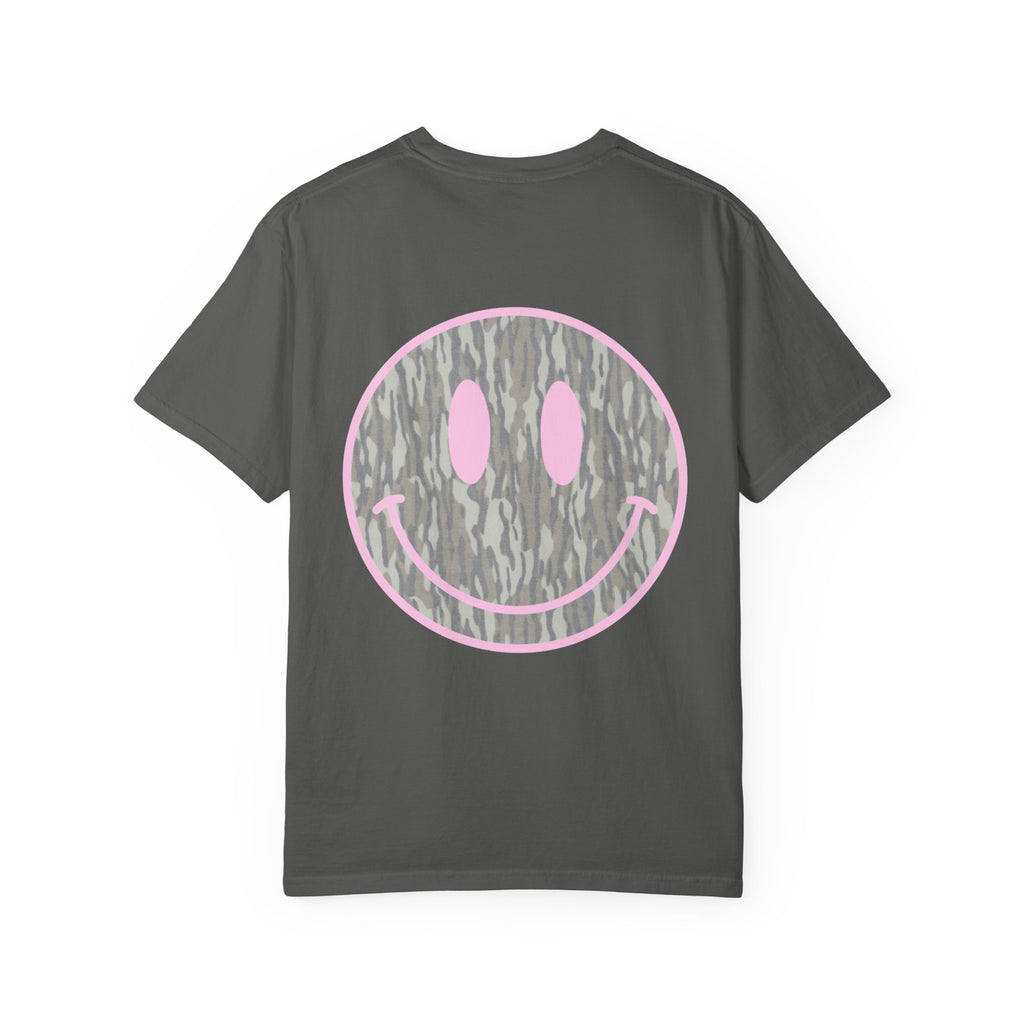 Smiley Camo T-Shirt — Pink Outline Woodland Smile Graphic Tee