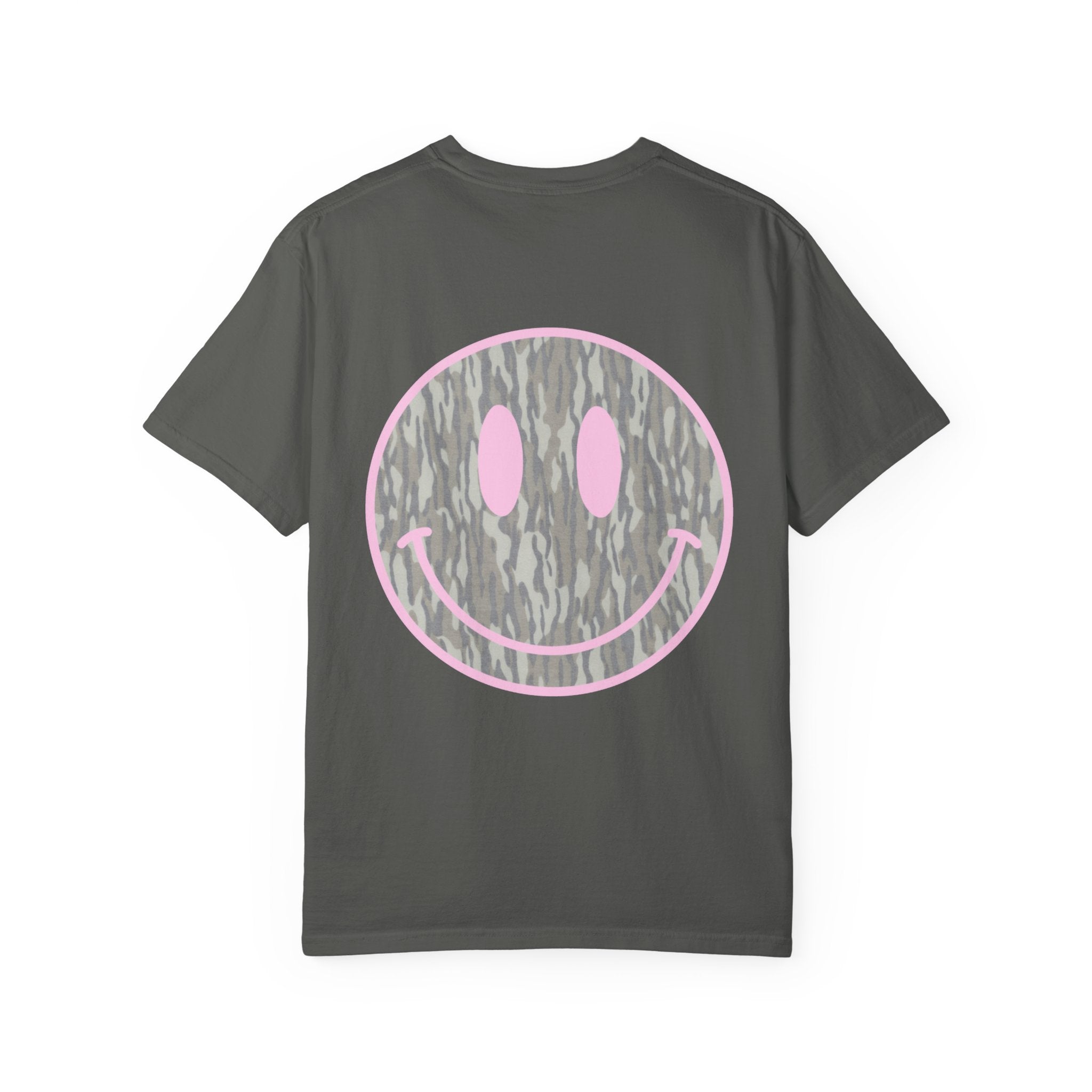 Smiley Camo T-Shirt — Pink Outline Woodland Smile Graphic Tee