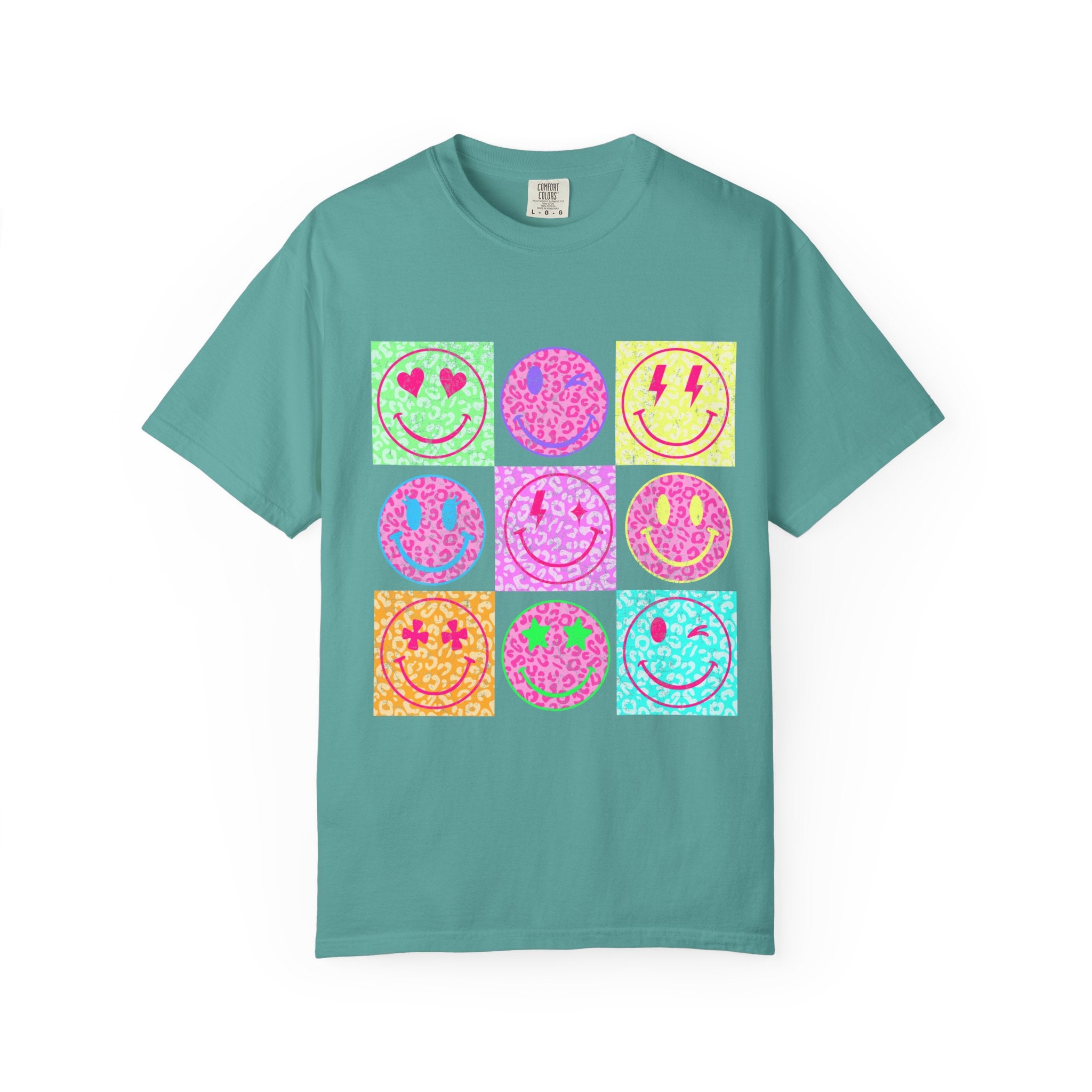 Neon Retro Smiley Grid T-Shirt