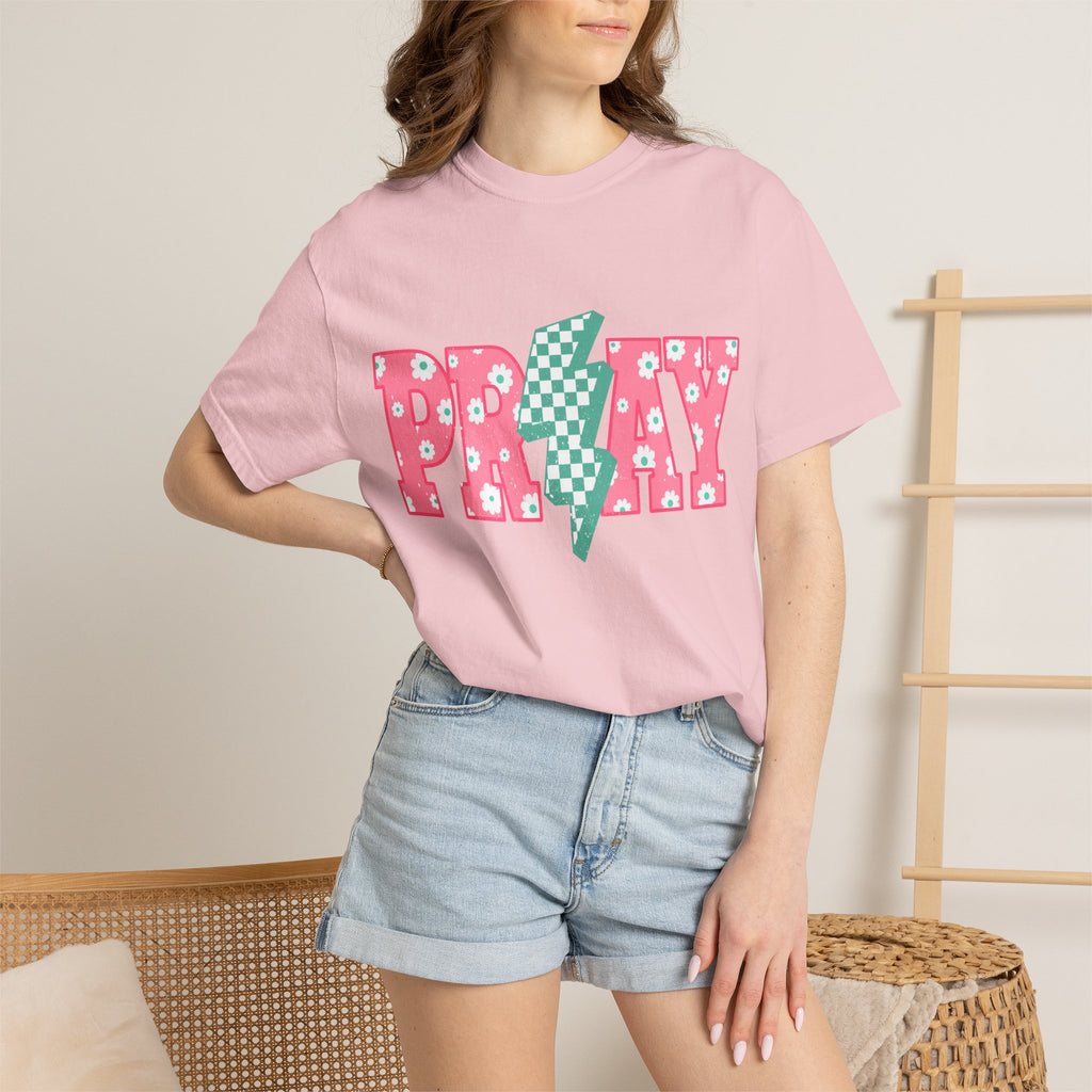 PRAY Lightning Graphic T-Shirt — Floral Pink & Mint Checker Retro Tee