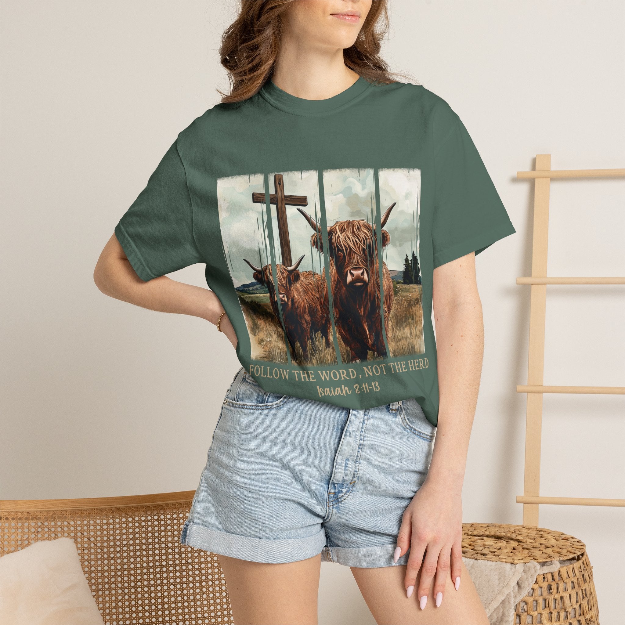 Christian Highland Cow T-Shirt — "Follow the Word, Not the Herd" Faith Tee
