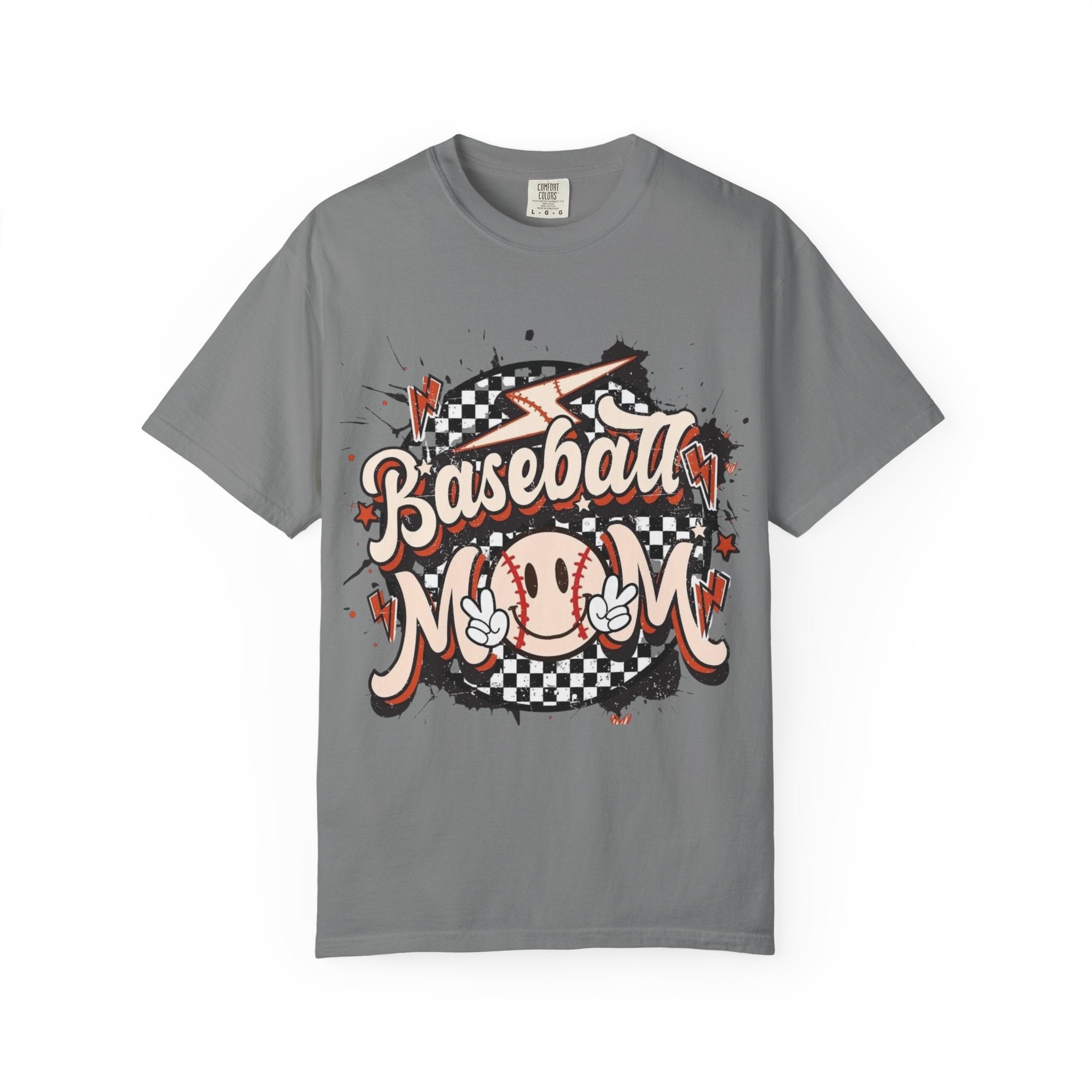 Baseball Mom graphic T-shirt | Retro baseball ball, checkerboard, peace sign