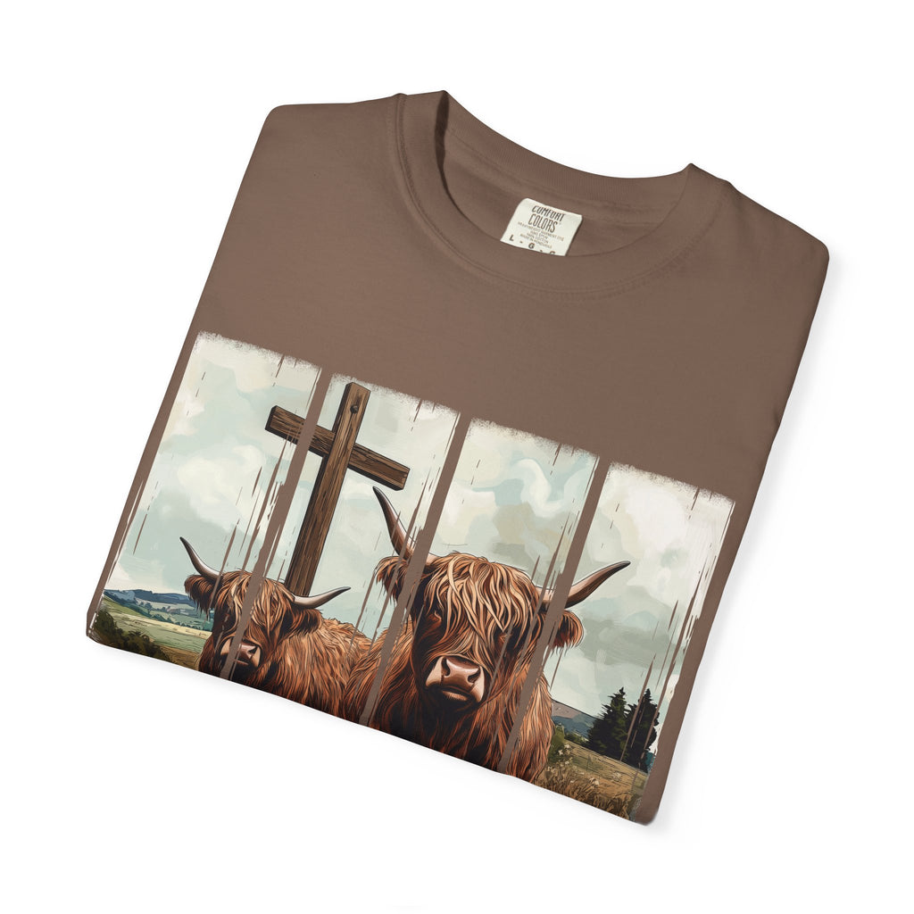 Christian Highland Cow T-Shirt — "Follow the Word, Not the Herd" Faith Tee