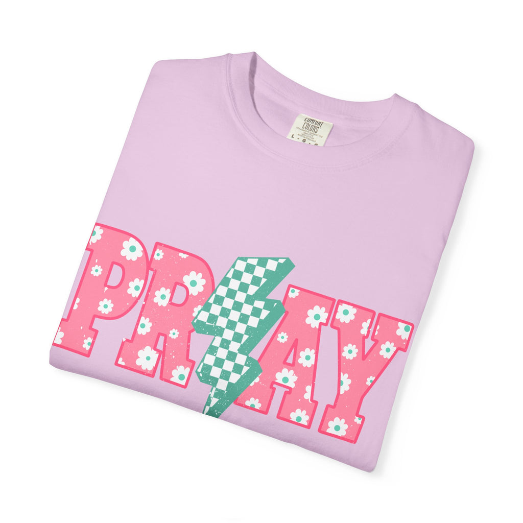 PRAY Lightning Graphic T-Shirt — Floral Pink & Mint Checker Retro Tee