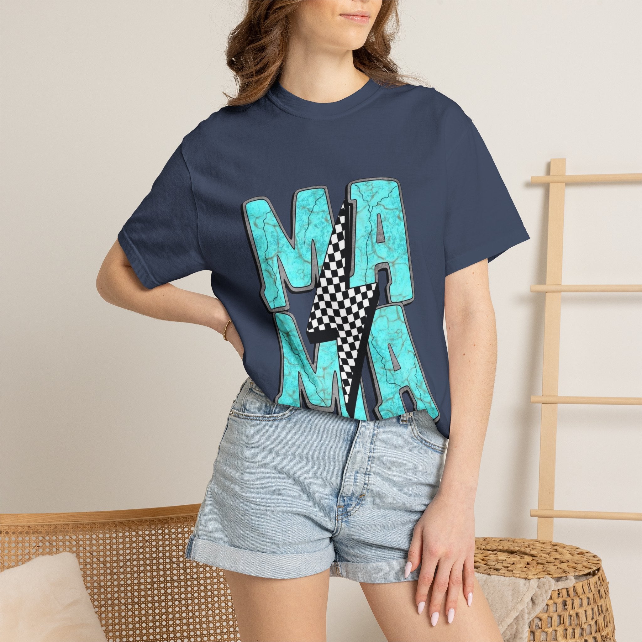 MAMA lightning bolt graphic T-shirt | turquoise marble letters