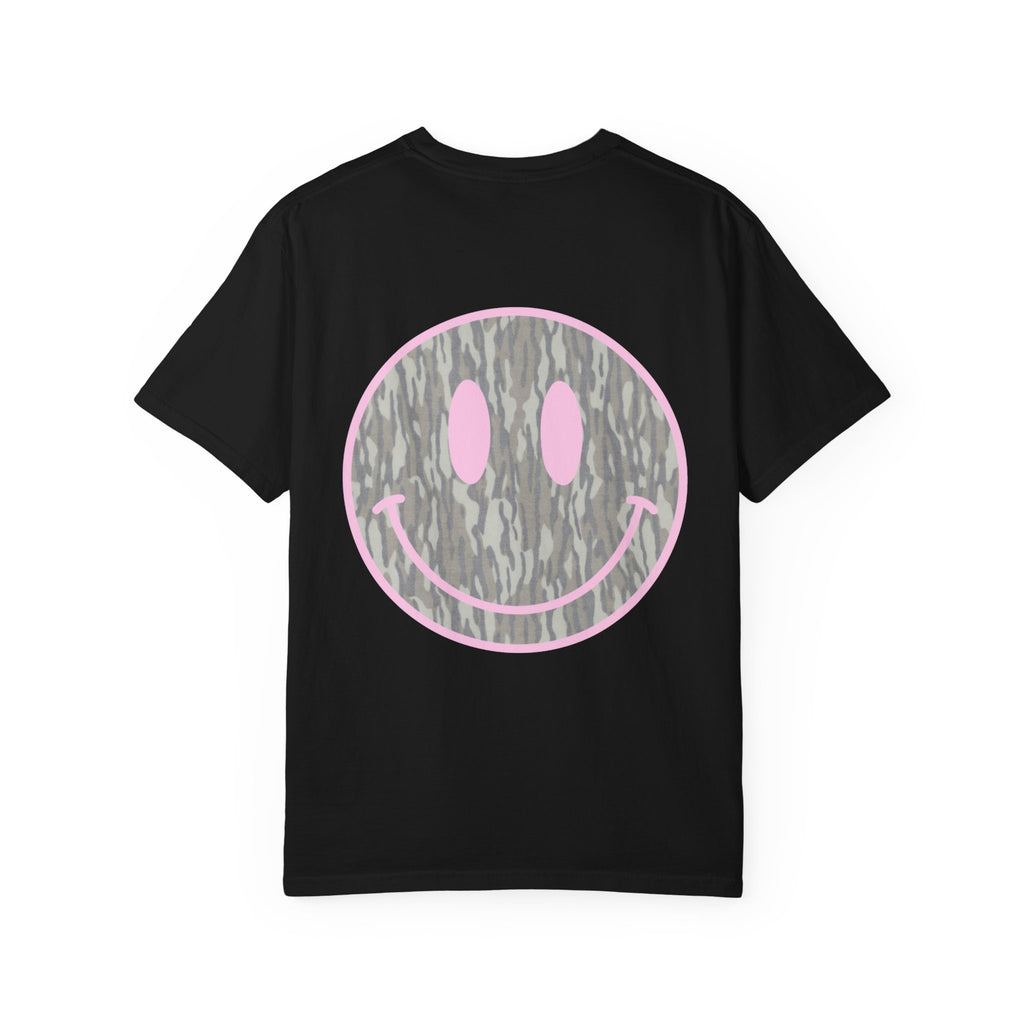 Smiley Camo T-Shirt — Pink Outline Woodland Smile Graphic Tee