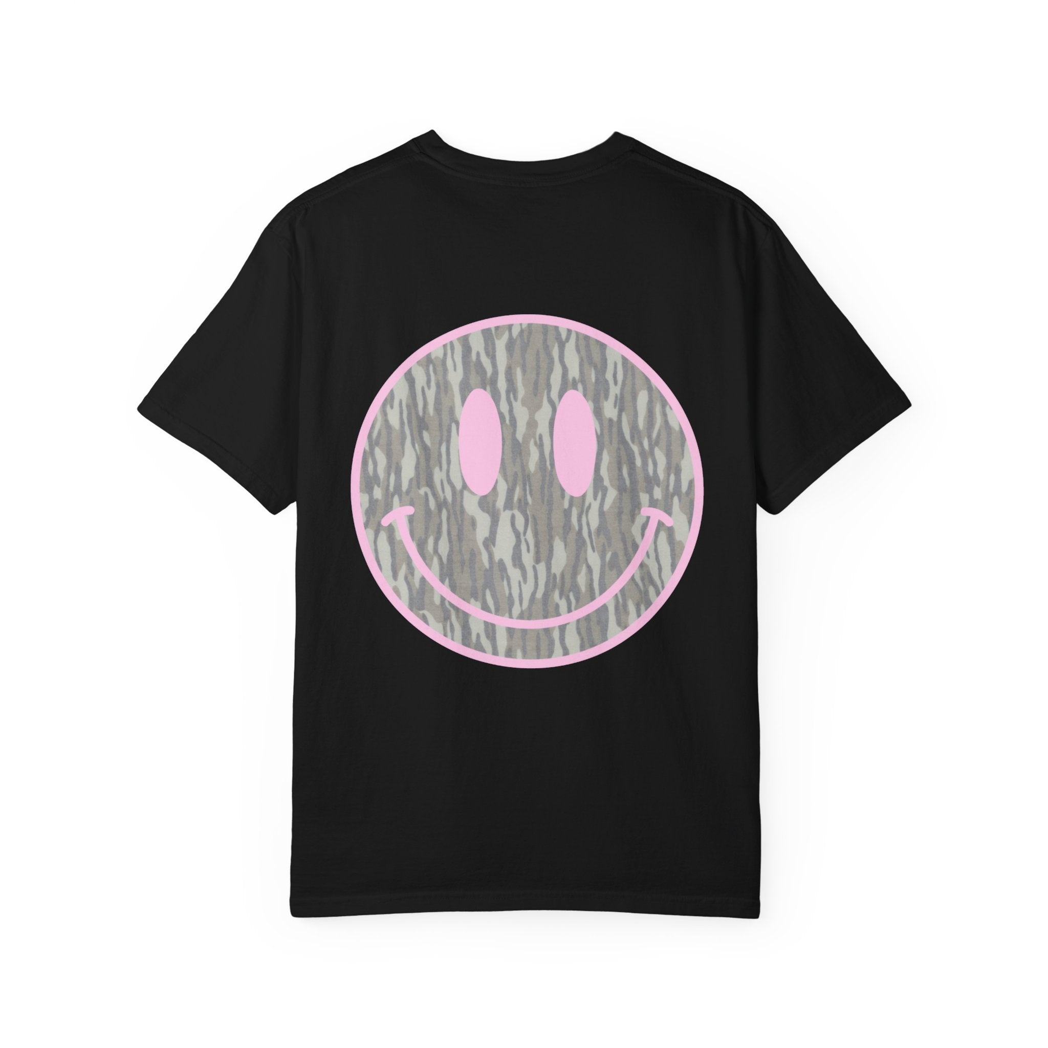 Smiley Camo T-Shirt — Pink Outline Woodland Smile Graphic Tee