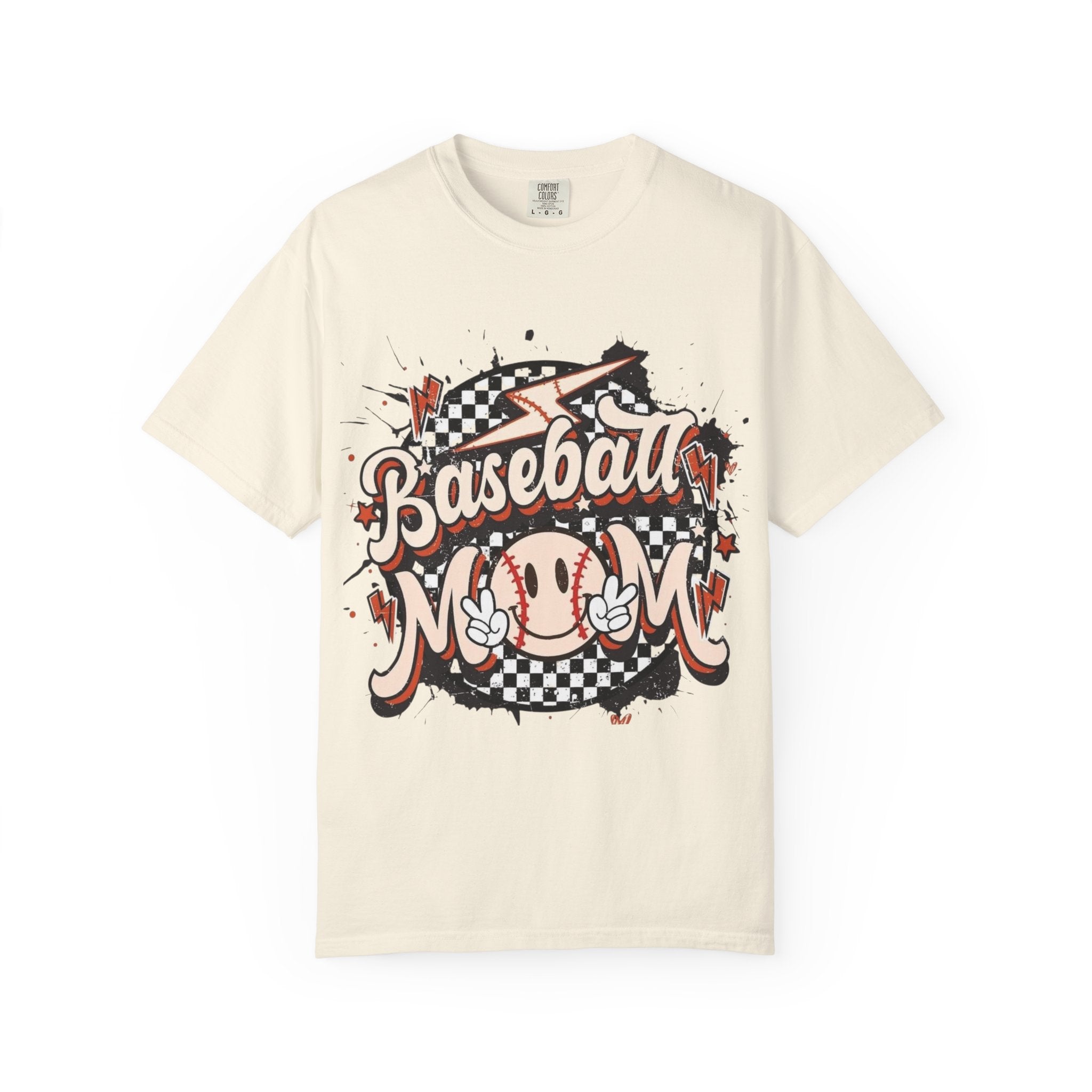 Baseball Mom graphic T-shirt | Retro baseball ball, checkerboard, peace sign