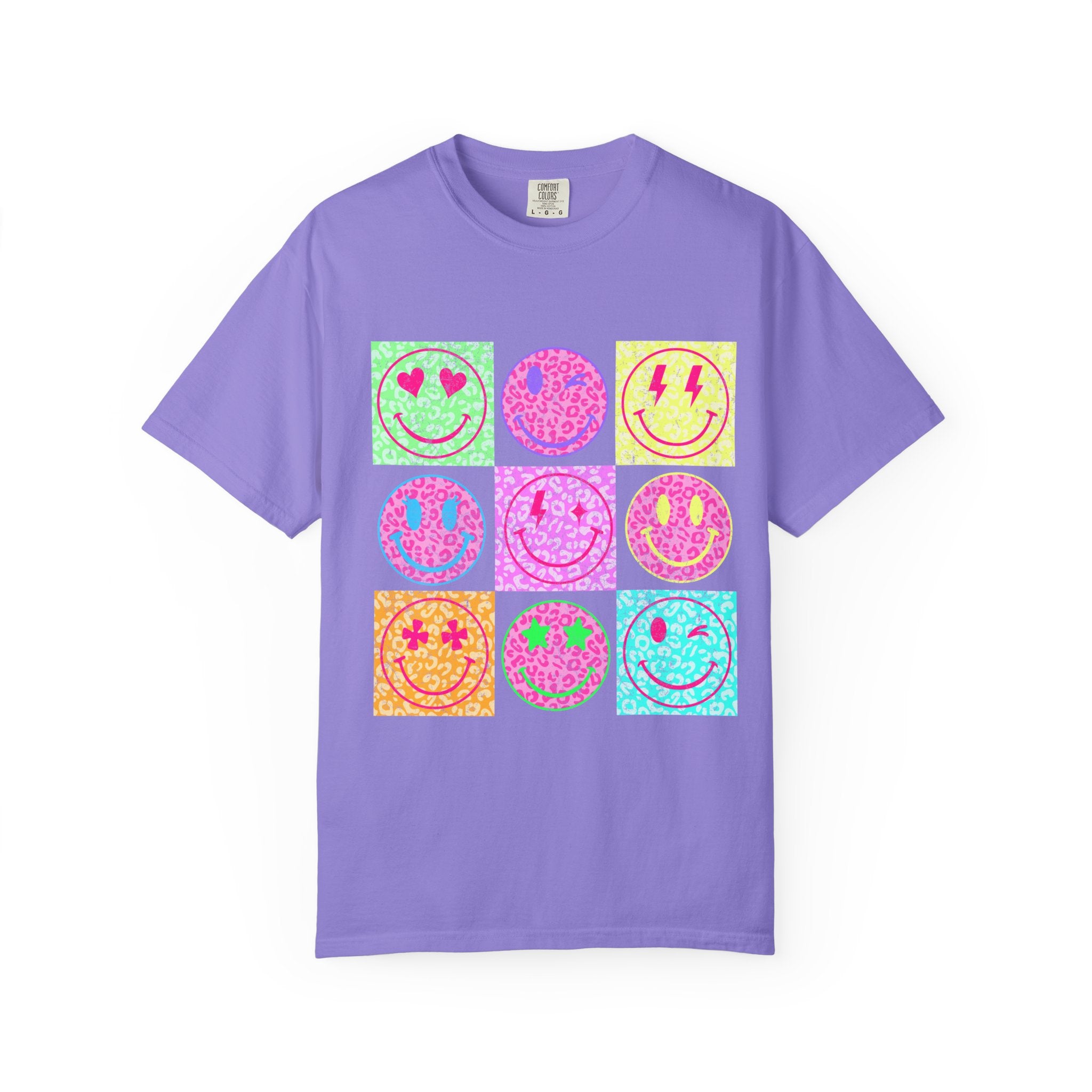 Neon Retro Smiley Grid T-Shirt