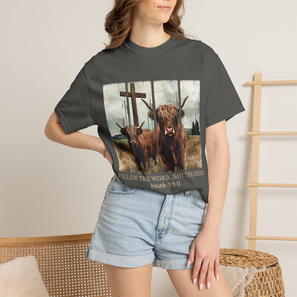 Christian Highland Cow T-Shirt — "Follow the Word, Not the Herd" Faith Tee
