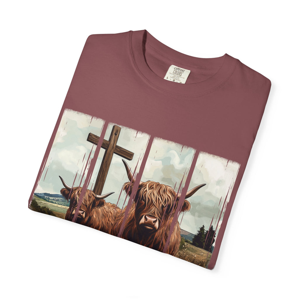 Christian Highland Cow T-Shirt — "Follow the Word, Not the Herd" Faith Tee