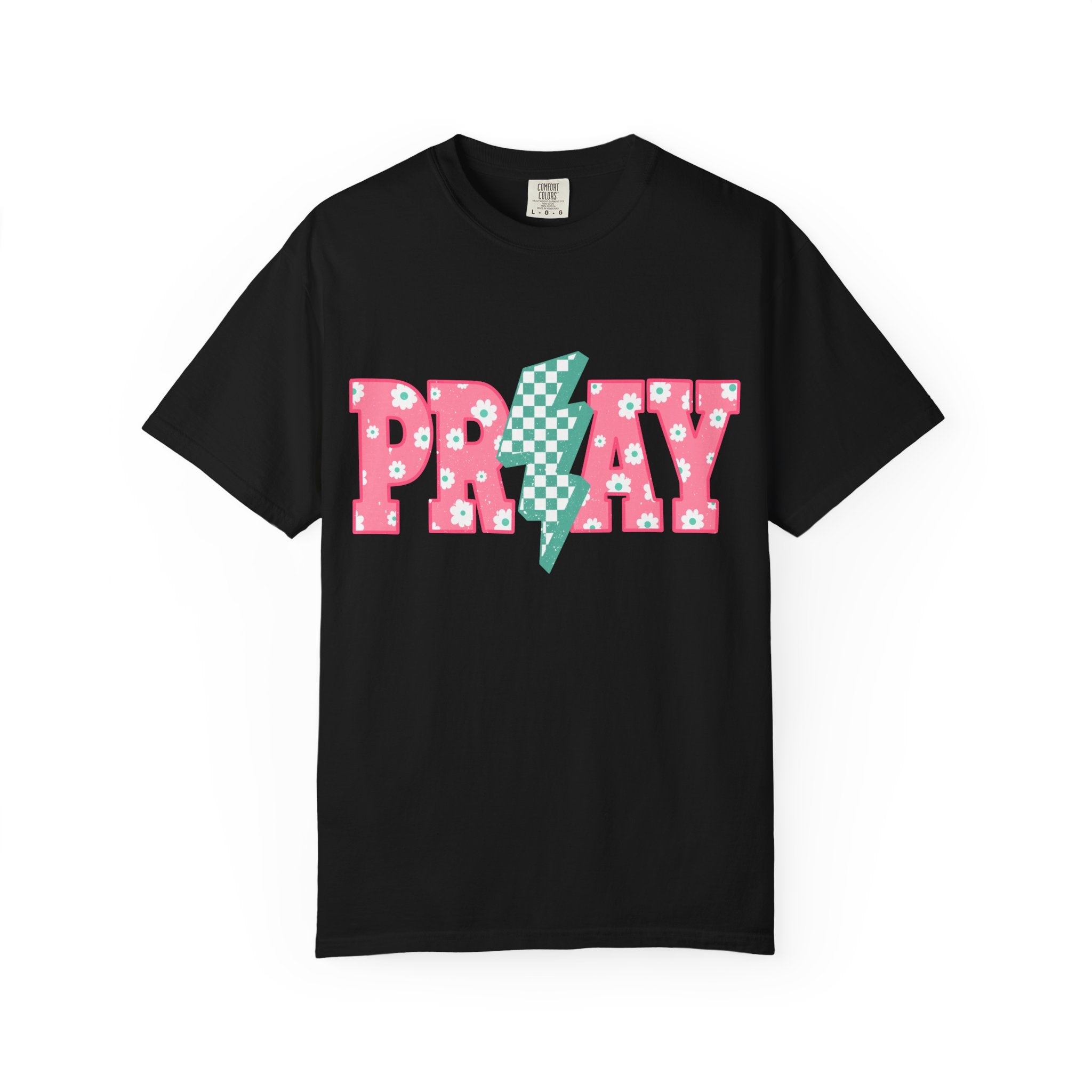 PRAY Lightning Graphic T-Shirt — Floral Pink & Mint Checker Retro Tee