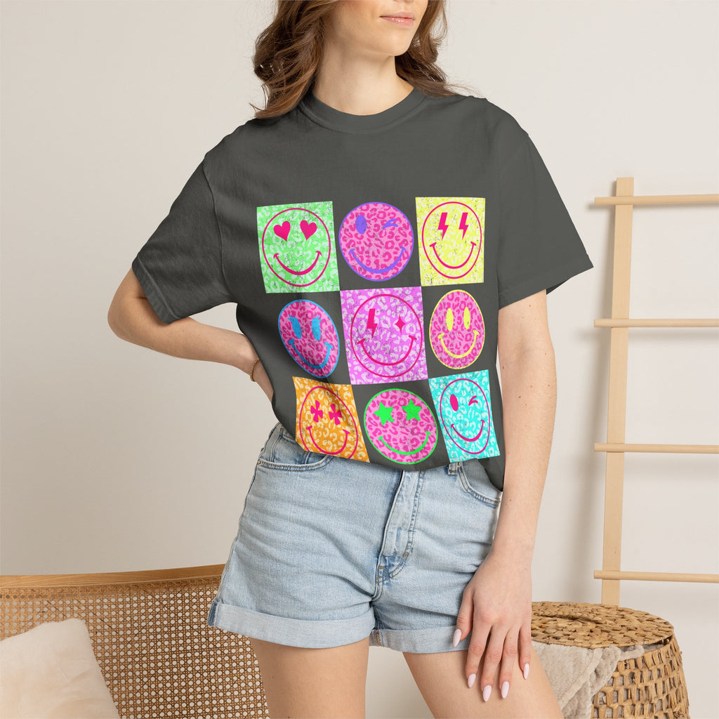 Neon Retro Smiley Grid T-Shirt