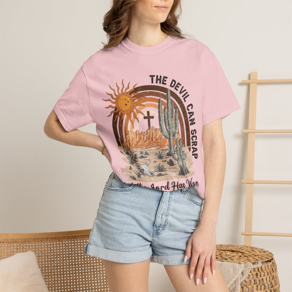 Christian Desert Scene T-Shirt — "The Devil Can Scrap, But the Lord Has Won"