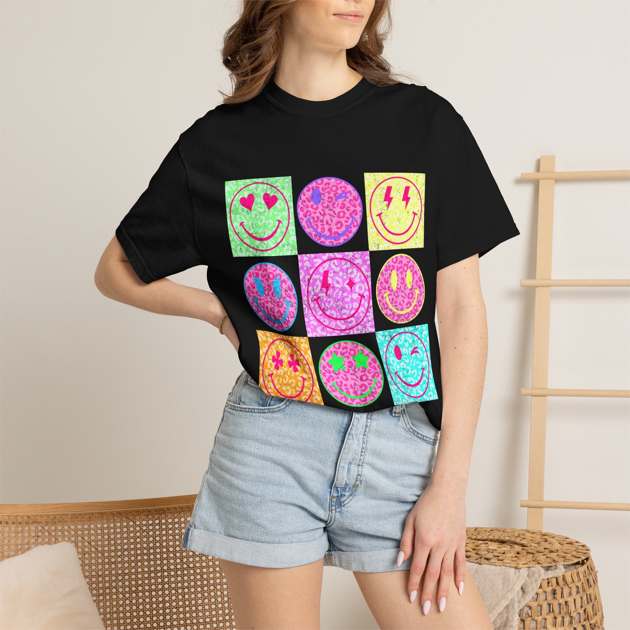 Neon Retro Smiley Grid T-Shirt