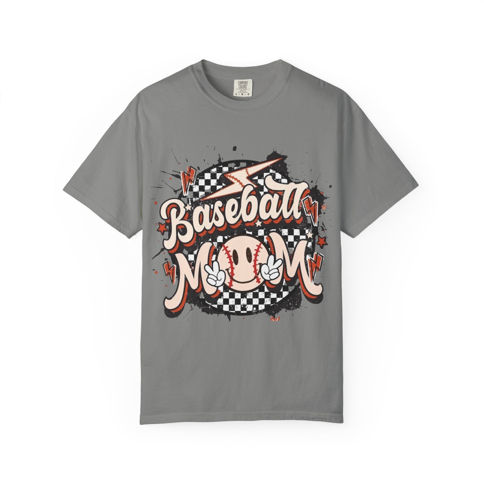 Baseball Mom graphic T-shirt | Retro baseball ball, checkerboard, peace sign