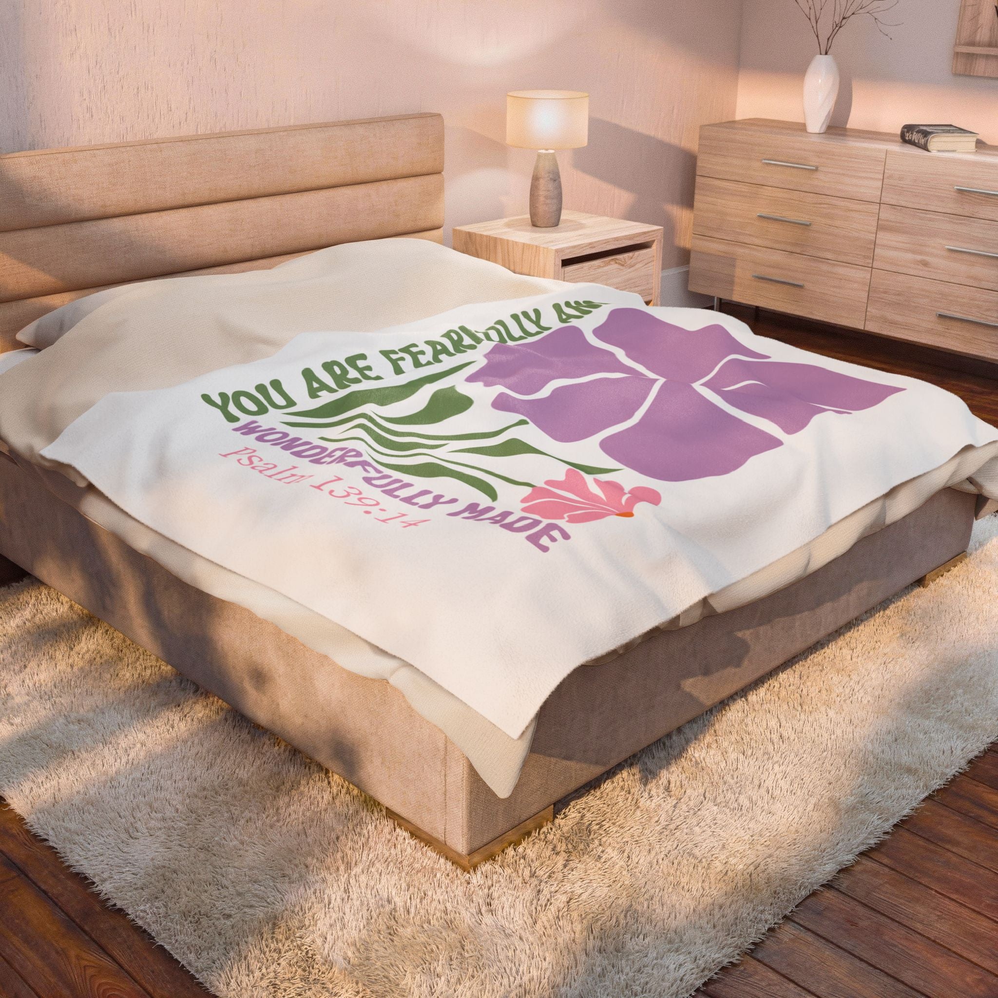 Velveteen Plush Blanket — "You Are Fearfully and Wonderfully Made" Floral Psalm 139:14 Christian Throw