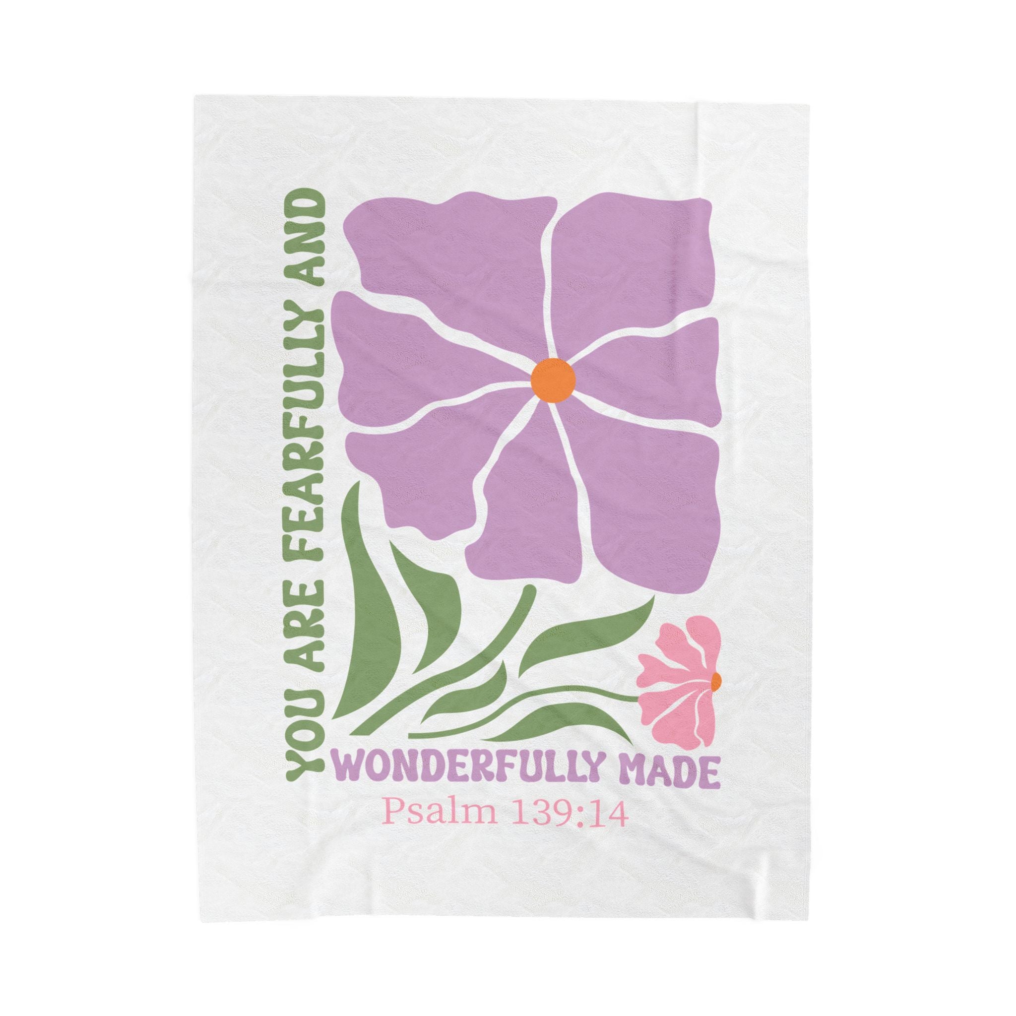 Velveteen Plush Blanket — "You Are Fearfully and Wonderfully Made" Floral Psalm 139:14 Christian Throw
