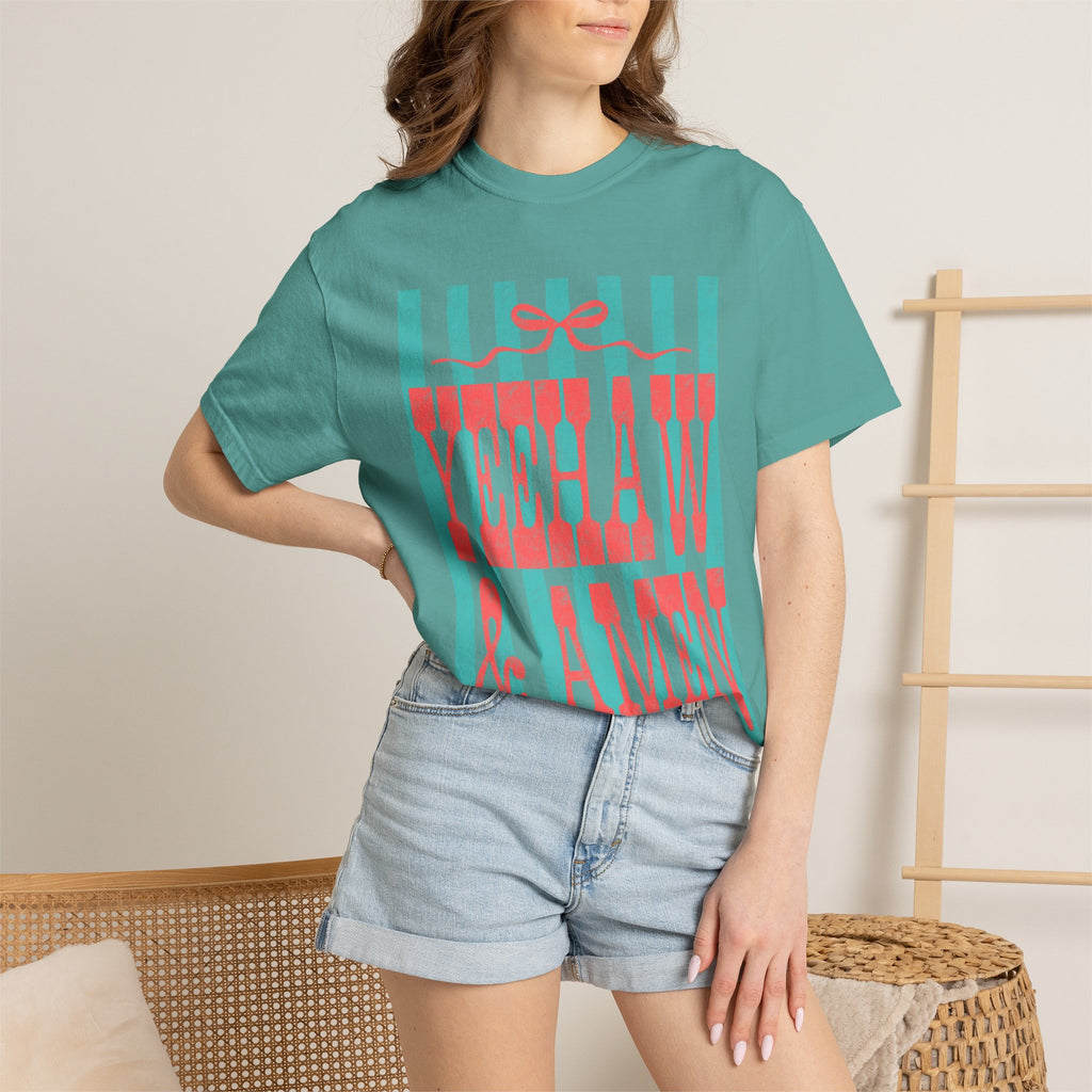 Yeehaw & Amen Graphic T-Shirt — Western Stripes Cowboy Faith Tee
