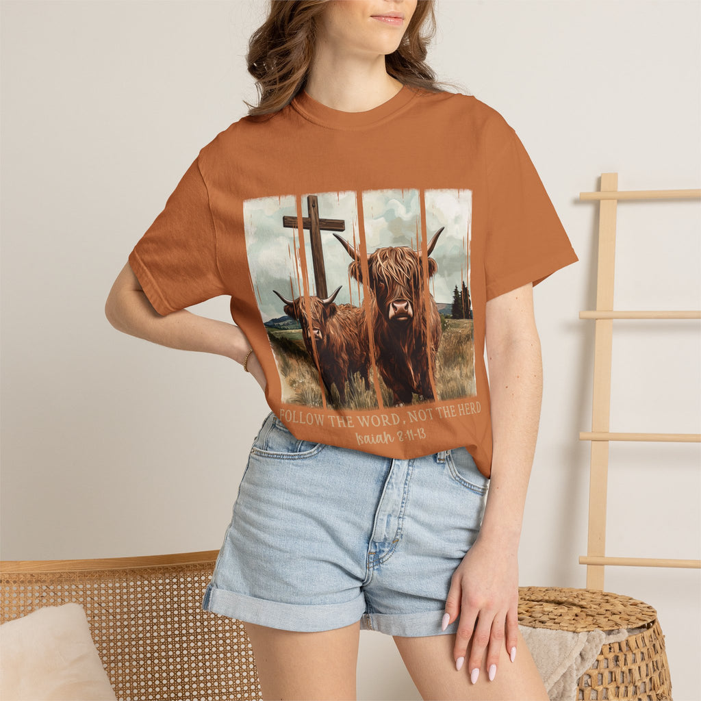 Christian Highland Cow T-Shirt — "Follow the Word, Not the Herd" Faith Tee