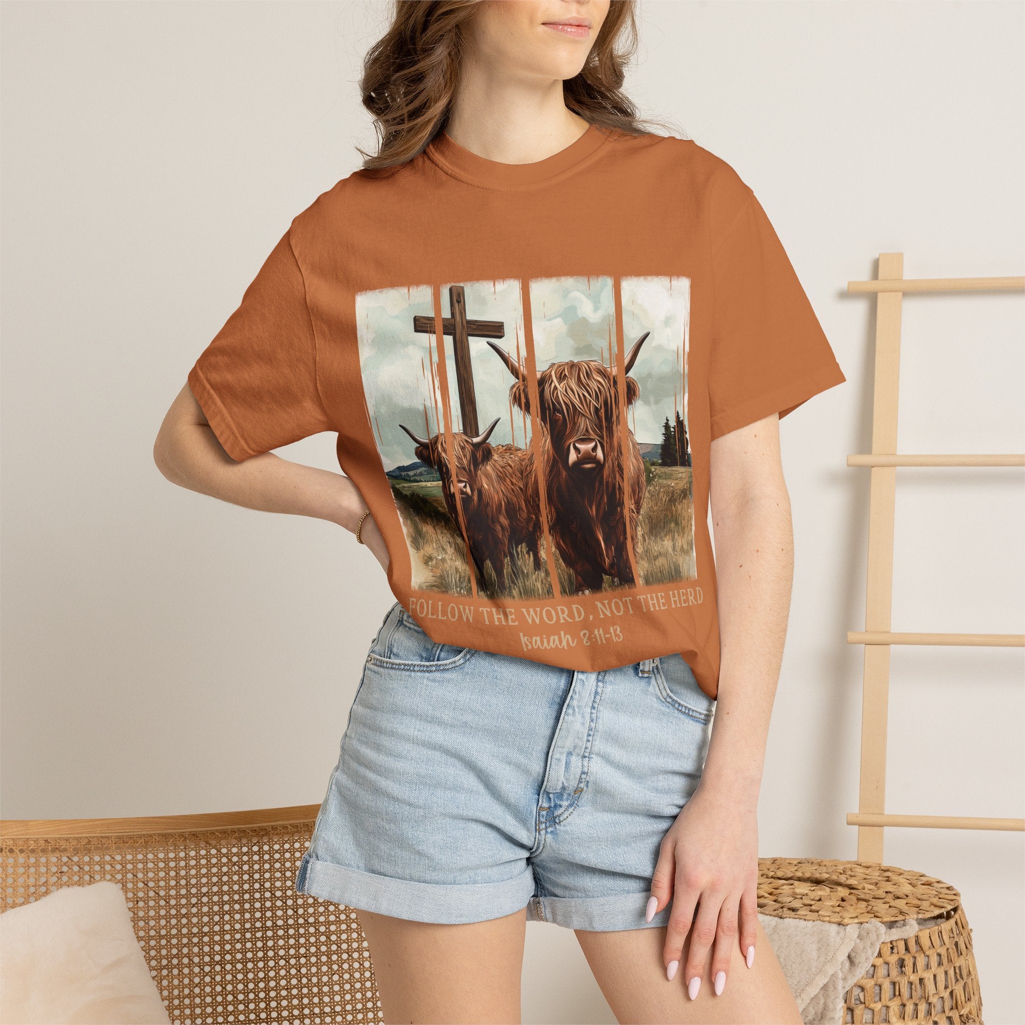 Christian Highland Cow T-Shirt — "Follow the Word, Not the Herd" Faith Tee