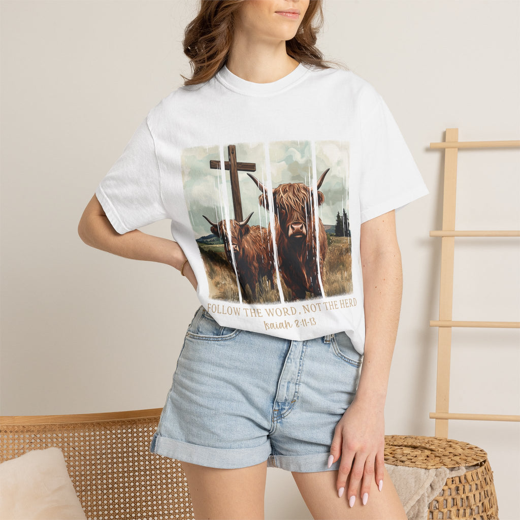 Christian Highland Cow T-Shirt — "Follow the Word, Not the Herd" Faith Tee