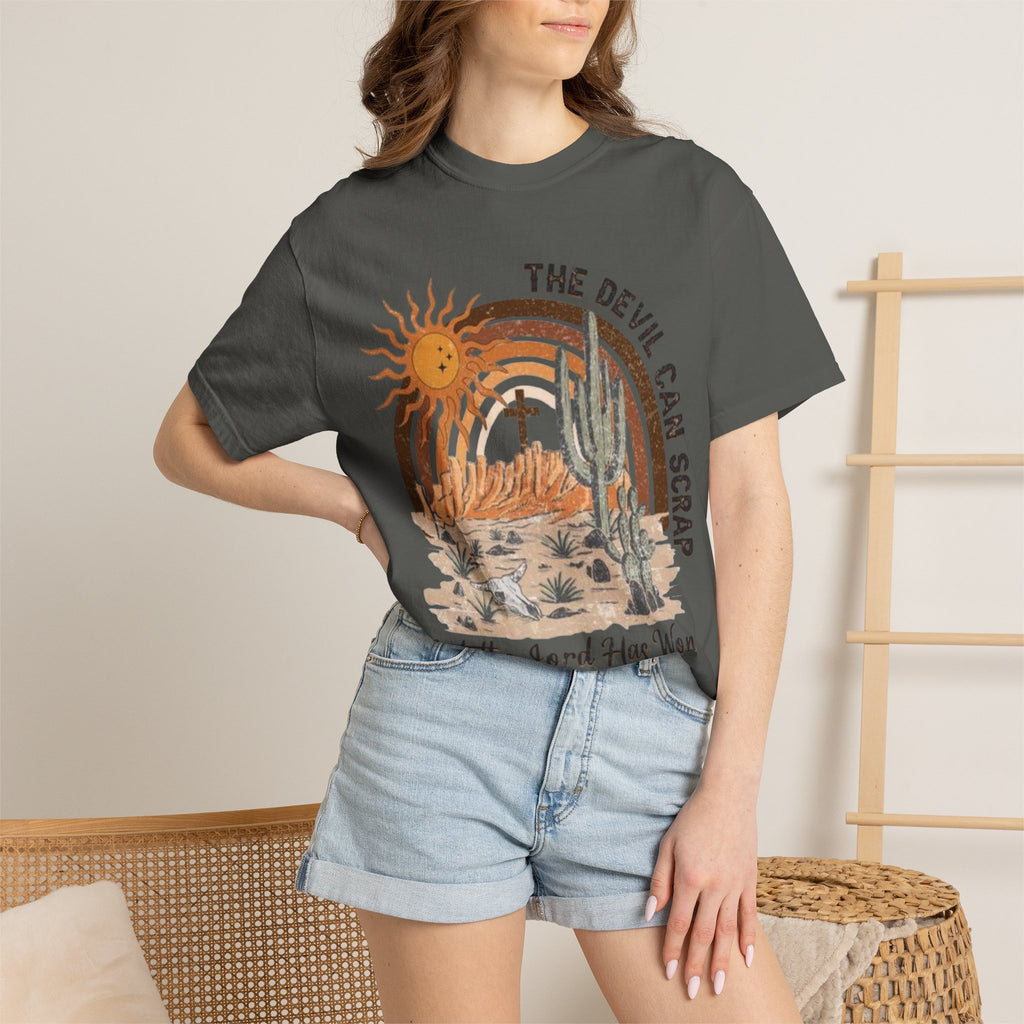 Christian Desert Scene T-Shirt — "The Devil Can Scrap, But the Lord Has Won"