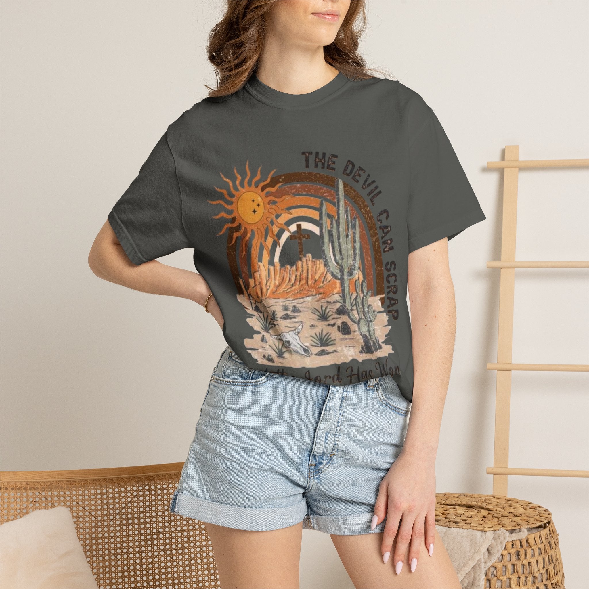 Christian Desert Scene T-Shirt — "The Devil Can Scrap, But the Lord Has Won"