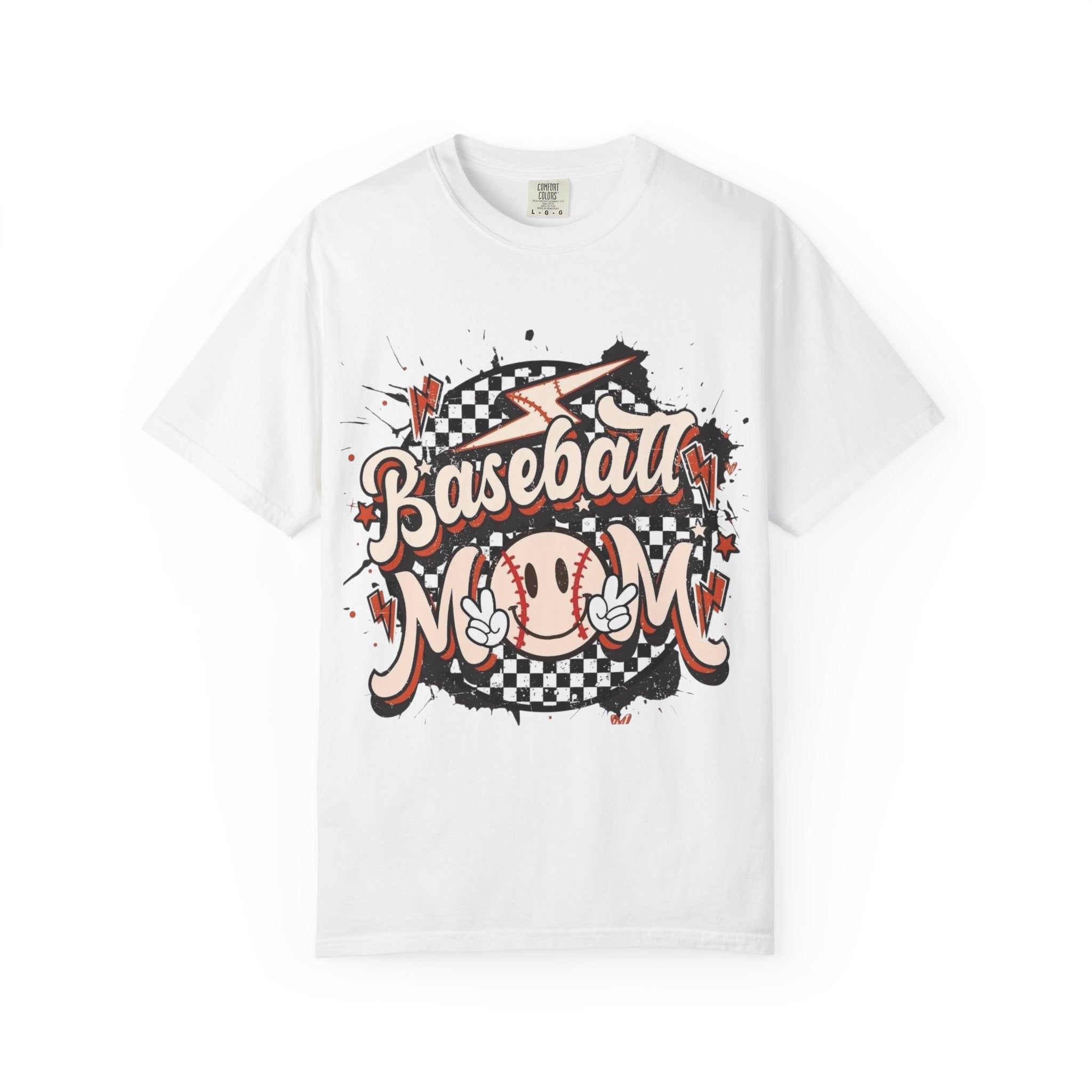 Baseball Mom graphic T-shirt | Retro baseball ball, checkerboard, peace sign