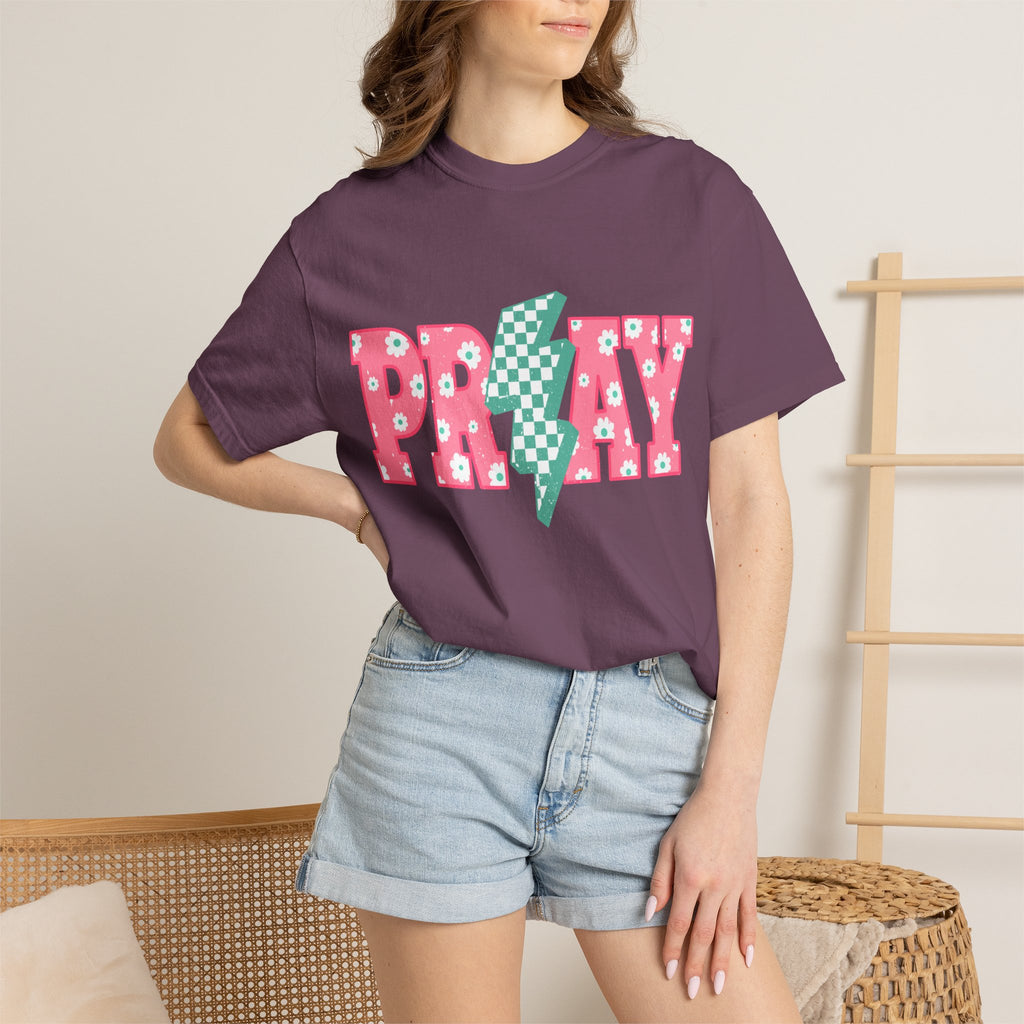 PRAY Lightning Graphic T-Shirt — Floral Pink & Mint Checker Retro Tee