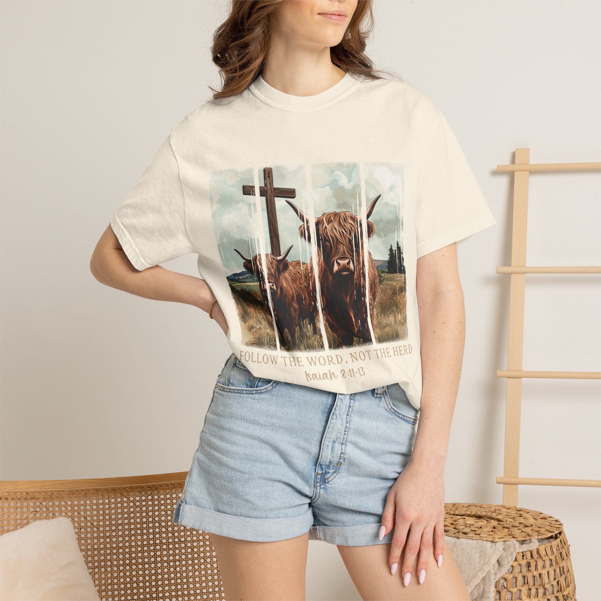 Christian Highland Cow T-Shirt — "Follow the Word, Not the Herd" Faith Tee