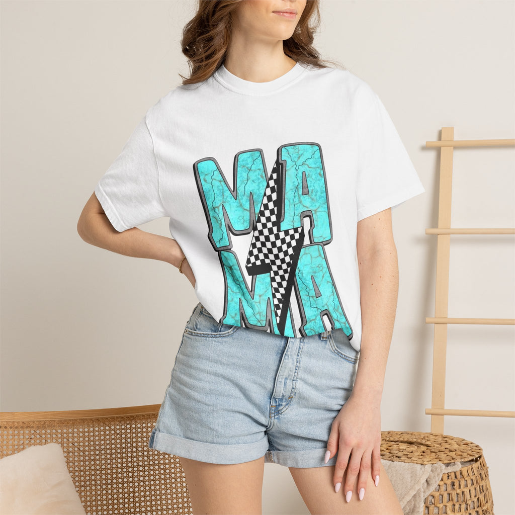 MAMA lightning bolt graphic T-shirt | turquoise marble letters