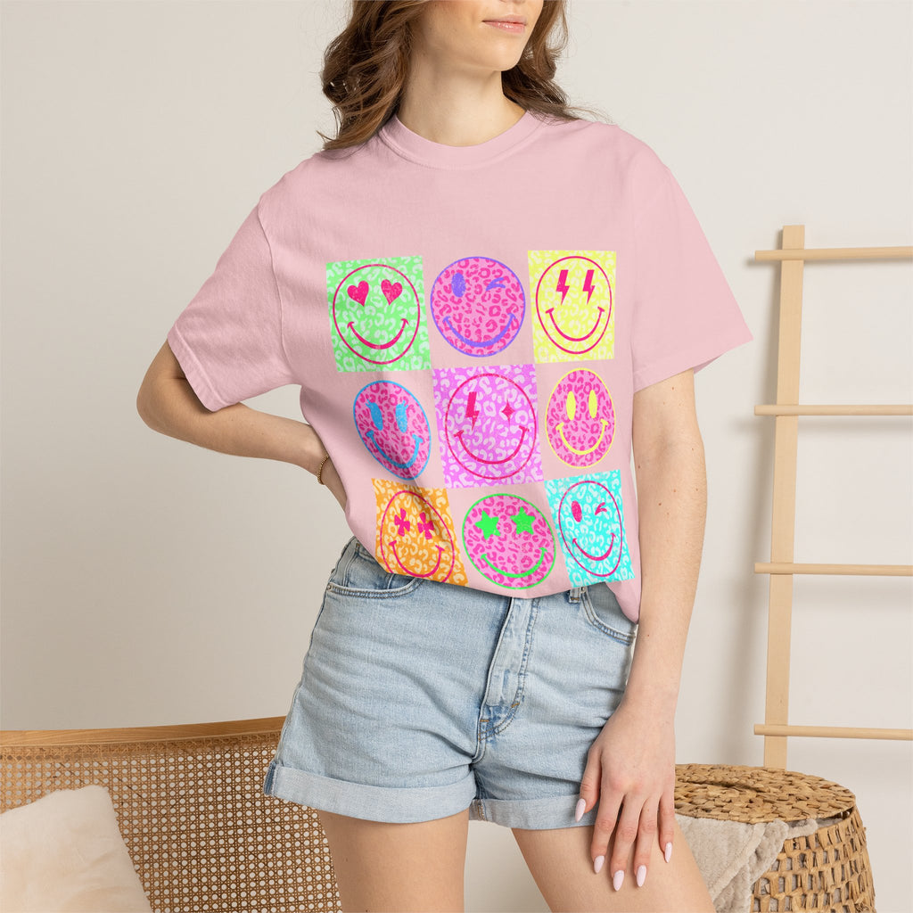 Neon Retro Smiley Grid T-Shirt