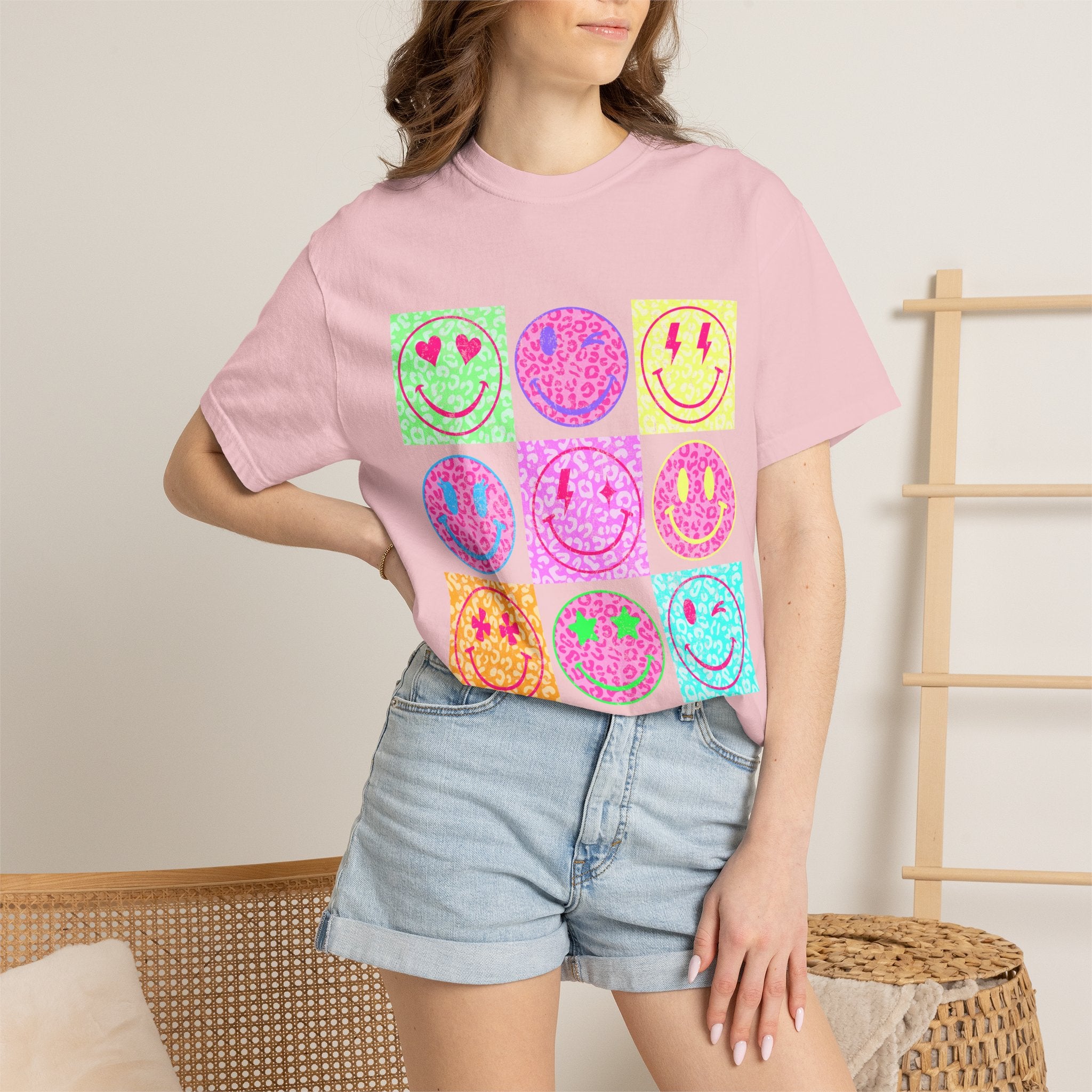Neon Retro Smiley Grid T-Shirt