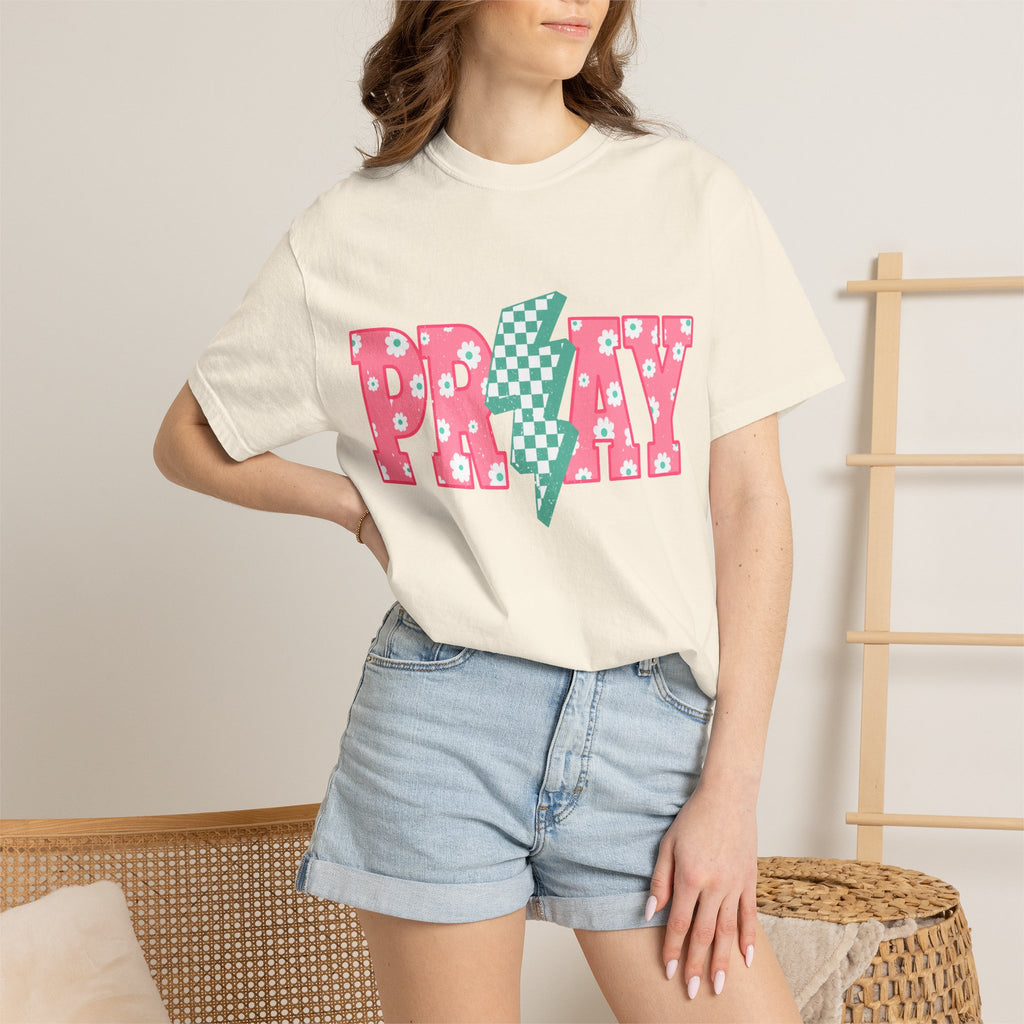 PRAY Lightning Graphic T-Shirt — Floral Pink & Mint Checker Retro Tee