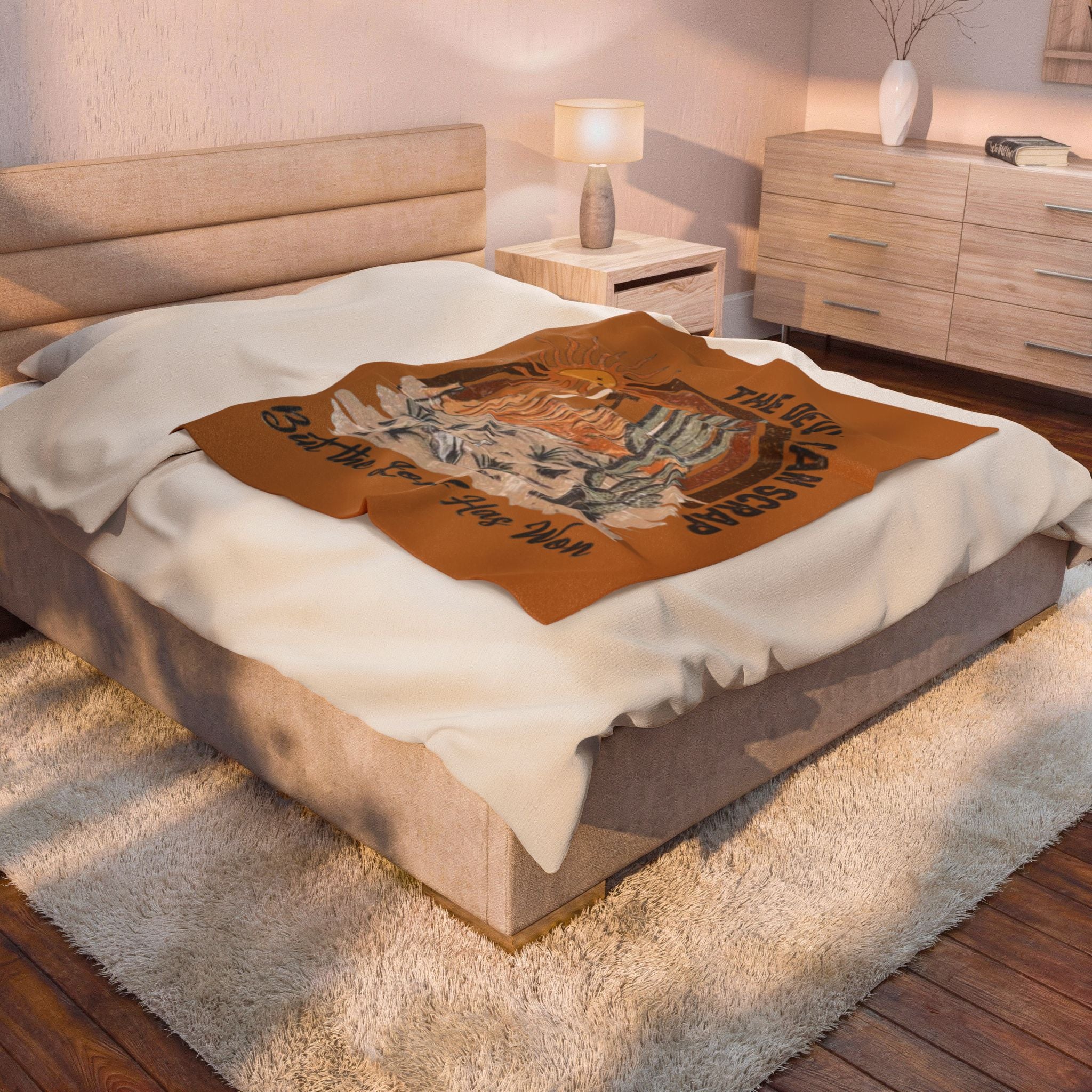 Christian Desert Scene Velveteen Blanket — "The Devil Can Scrap But the Lord Has Won" Plush Throw