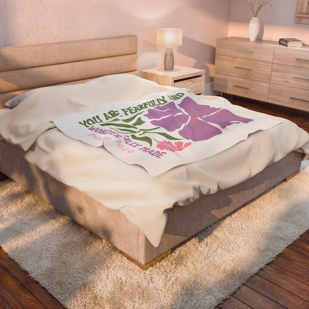 Velveteen Plush Blanket — "You Are Fearfully and Wonderfully Made" Floral Psalm 139:14 Christian Throw