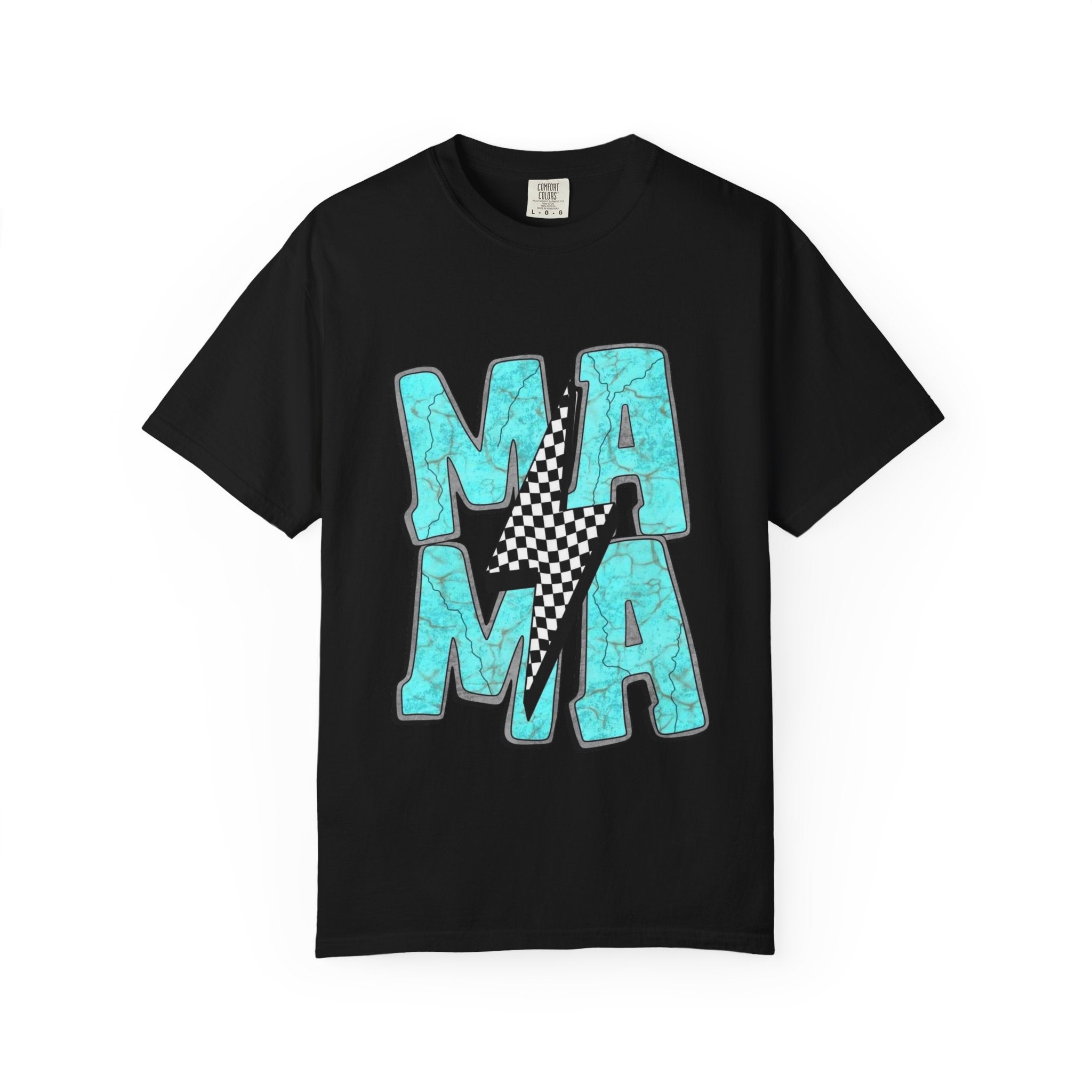 MAMA lightning bolt graphic T-shirt | turquoise marble letters