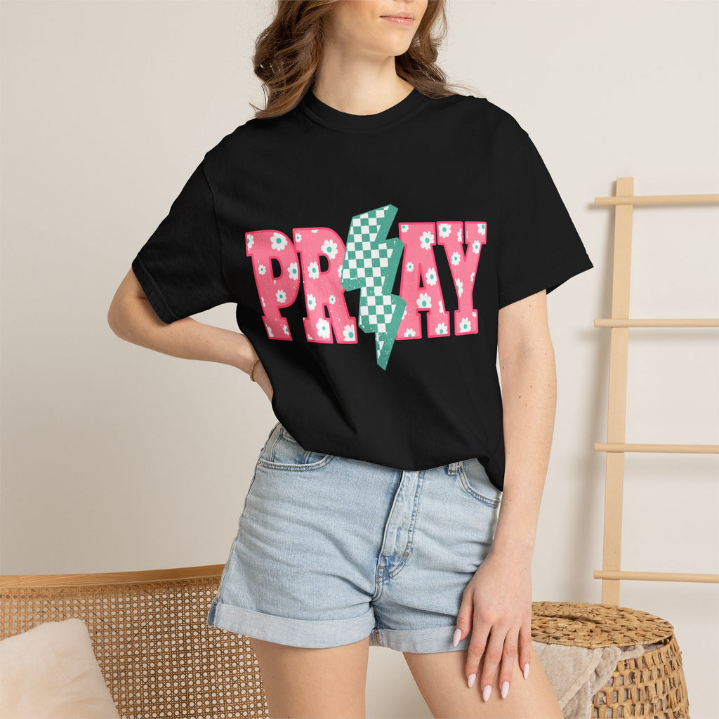 PRAY Lightning Graphic T-Shirt — Floral Pink & Mint Checker Retro Tee