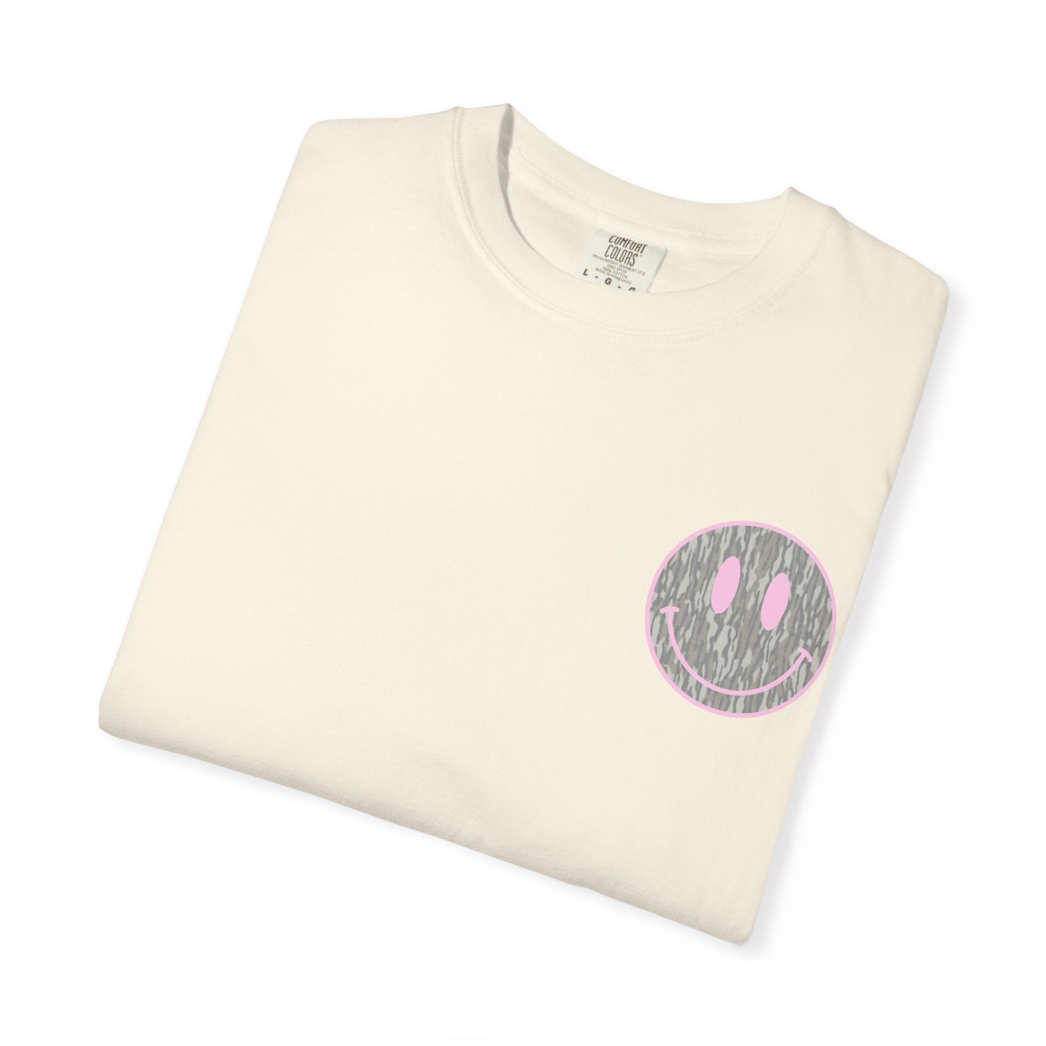 Smiley Camo T-Shirt — Pink Outline Woodland Smile Graphic Tee