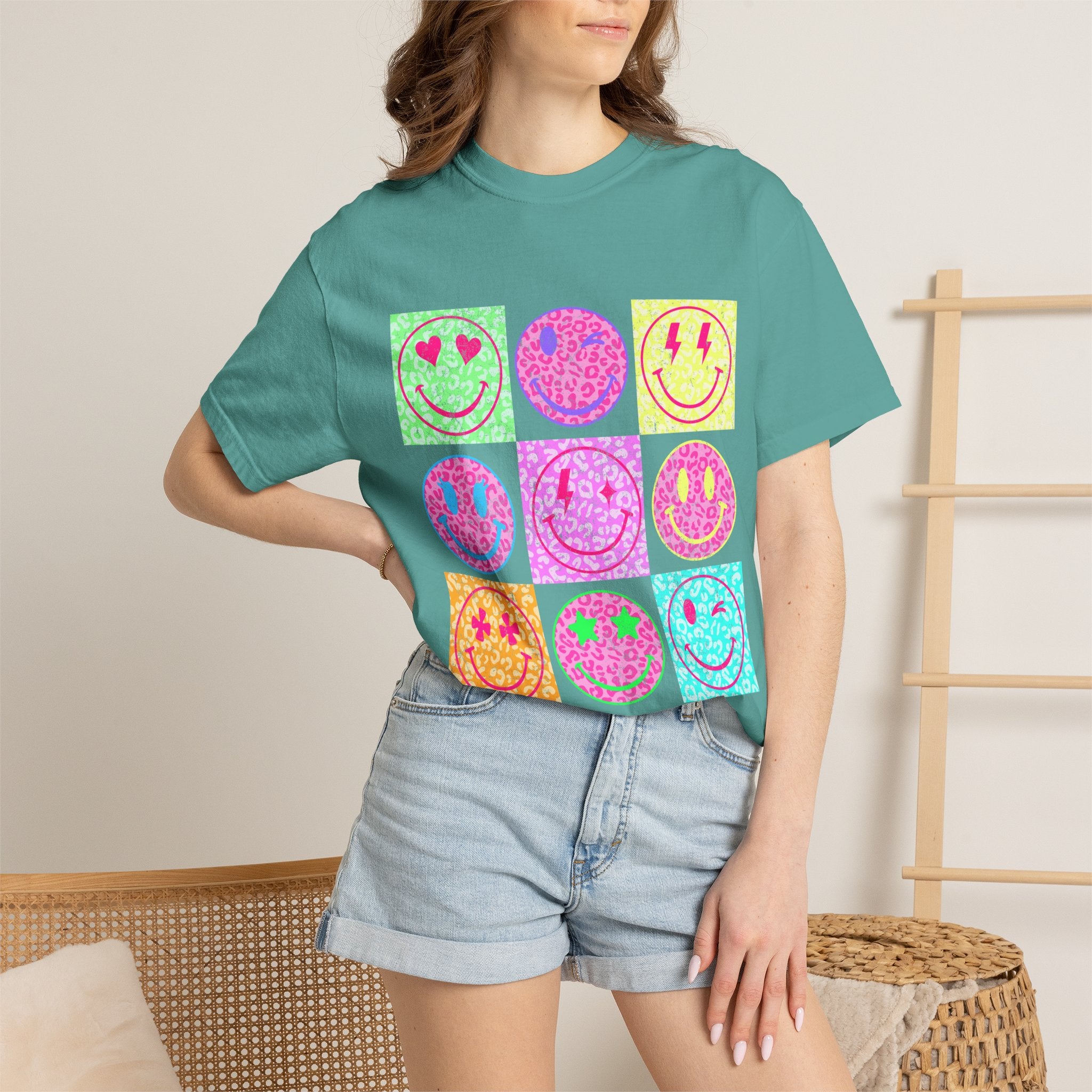 Neon Retro Smiley Grid T-Shirt
