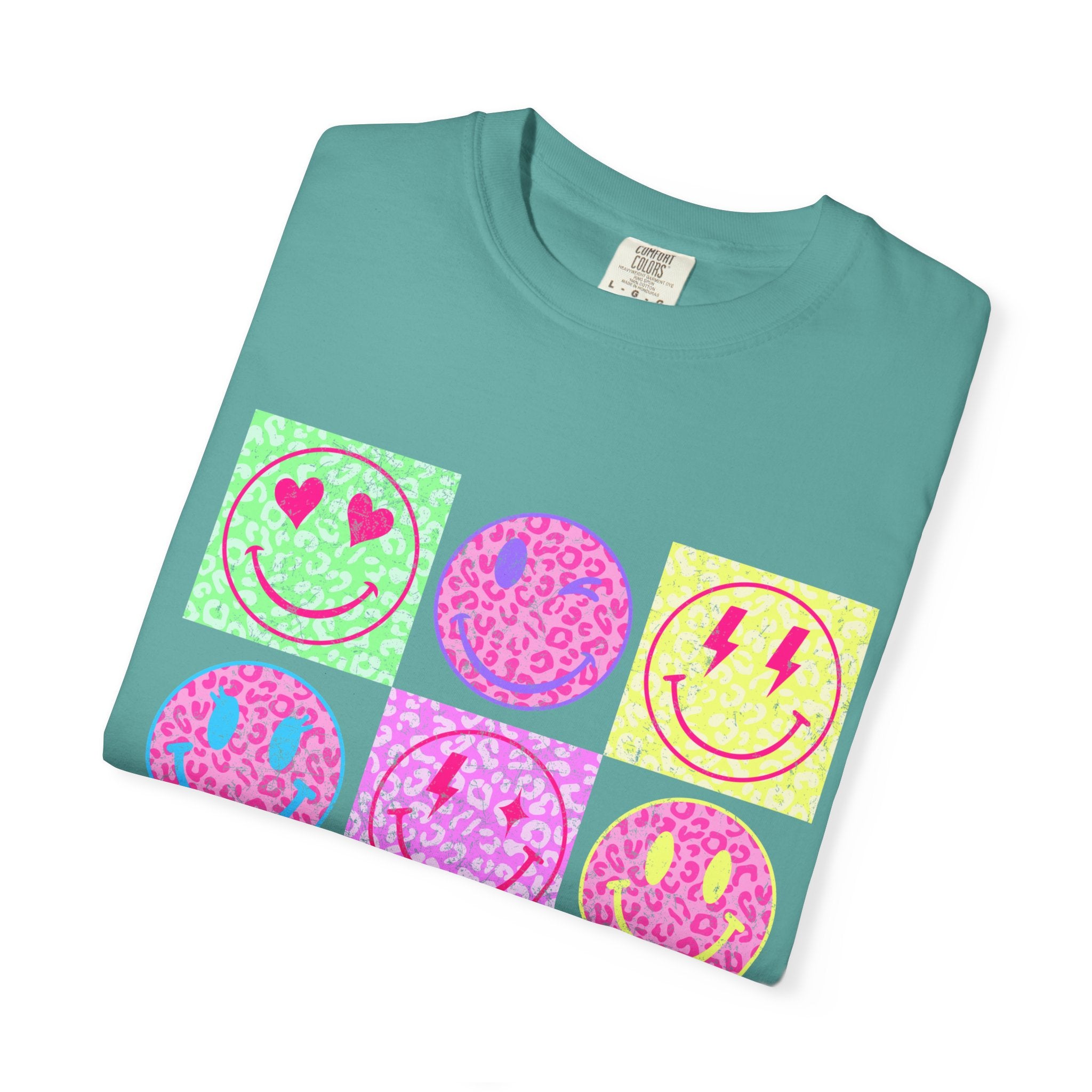 Neon Retro Smiley Grid T-Shirt