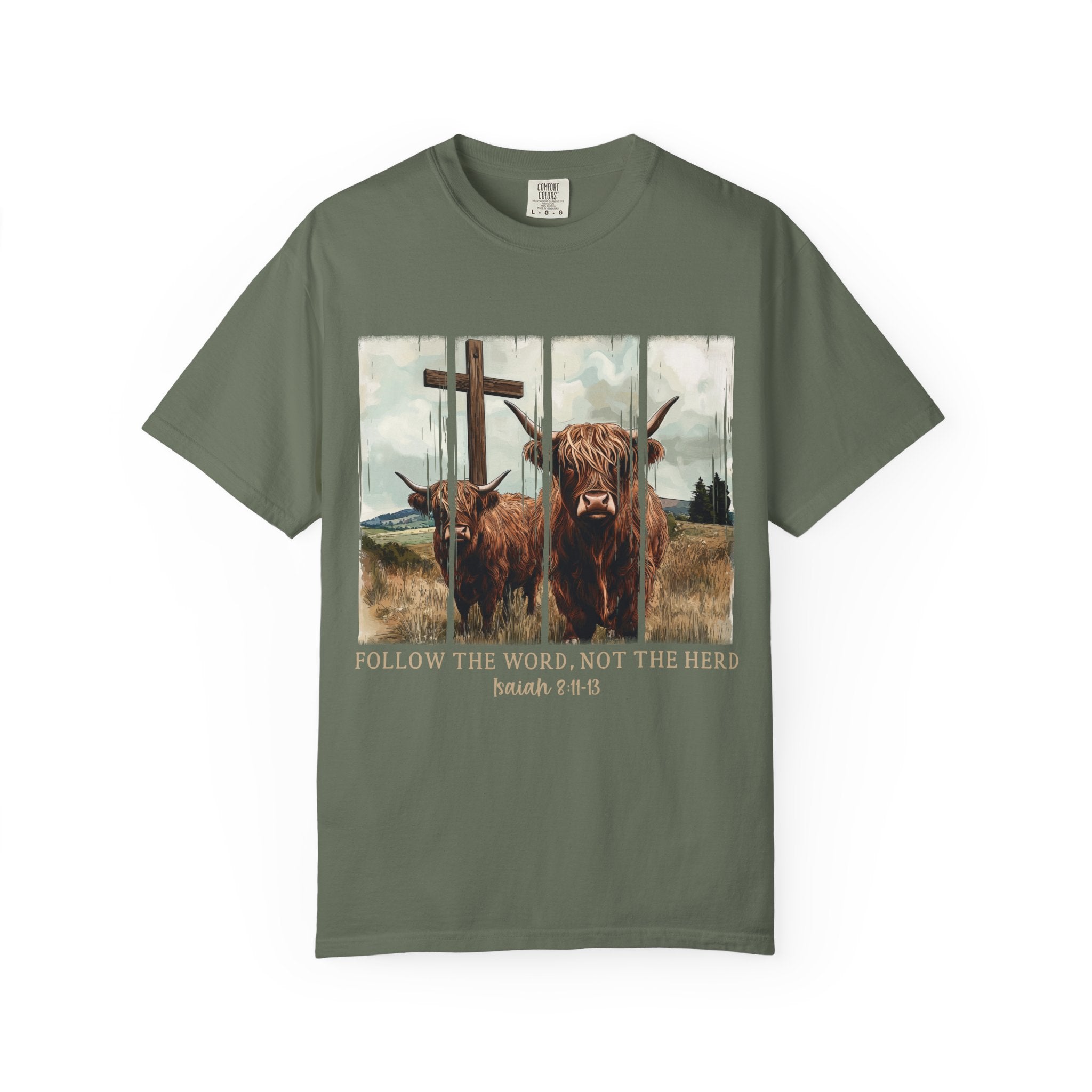 Christian Highland Cow T-Shirt — "Follow the Word, Not the Herd" Faith Tee