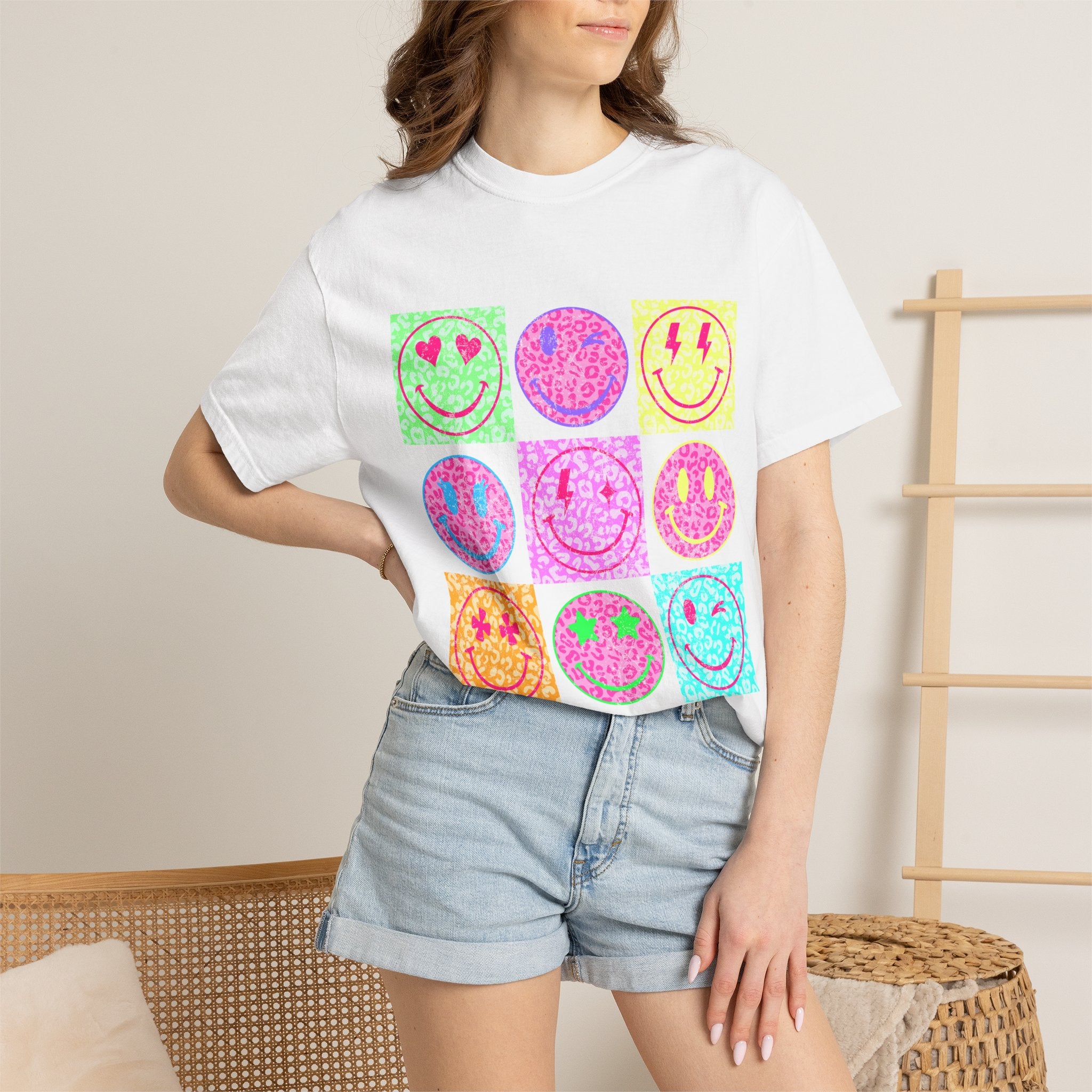 Neon Retro Smiley Grid T-Shirt