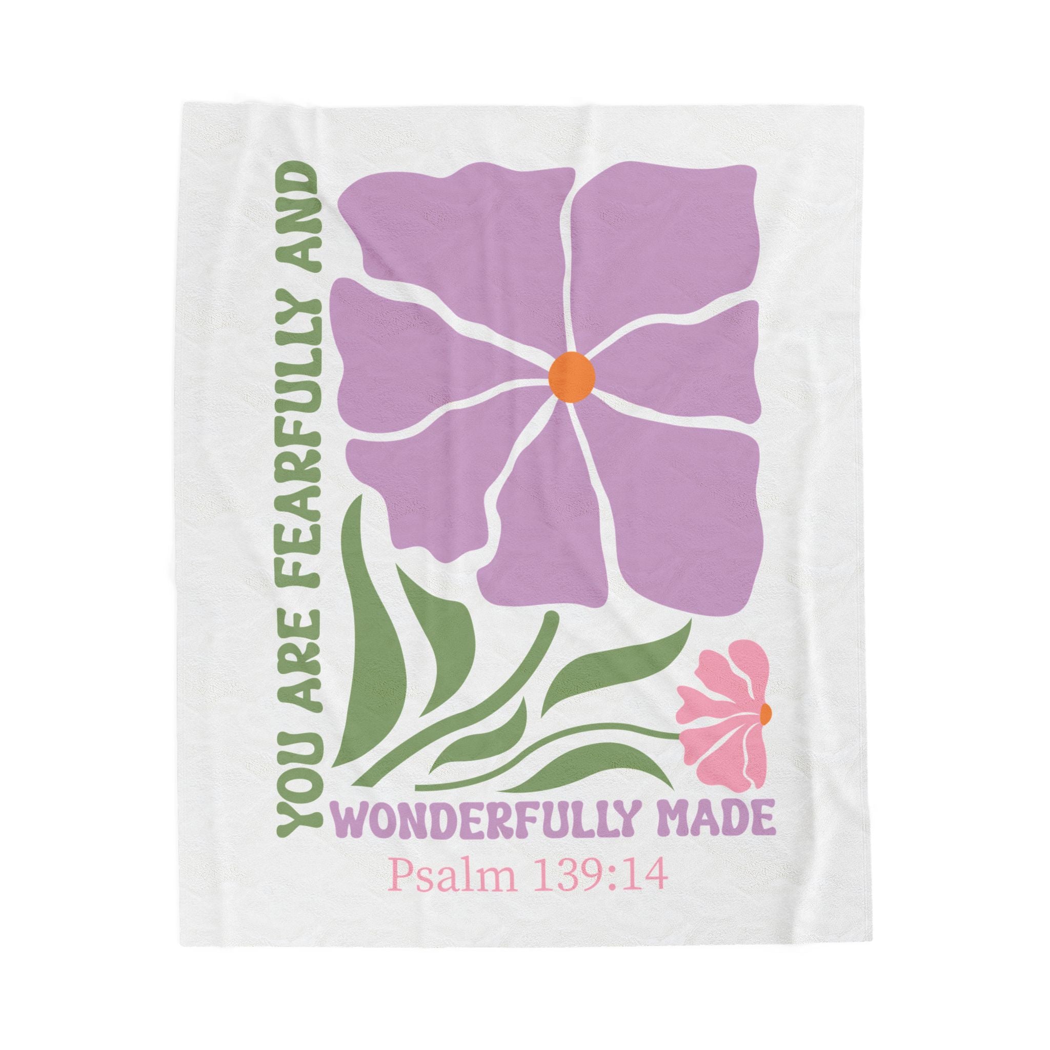 Velveteen Plush Blanket — "You Are Fearfully and Wonderfully Made" Floral Psalm 139:14 Christian Throw